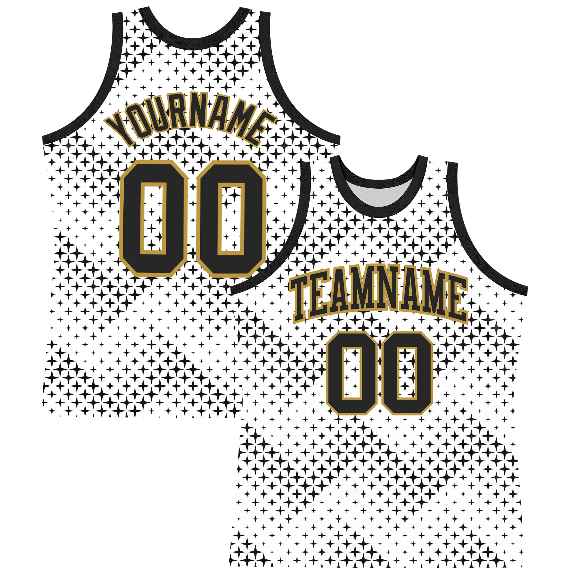 Custom White Black-Old Gold Geometric Shape Round Neck Sublimation Basketball Suit Jersey
