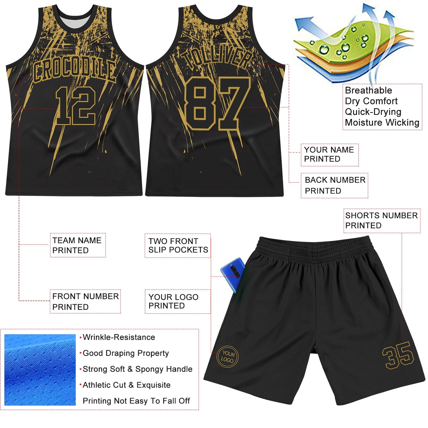 Custom Black Old Gold Splash Round Neck Sublimation Basketball Suit Jersey