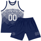 Custom White Navy Gradient Square Shapes Round Neck Sublimation Basketball Suit Jersey