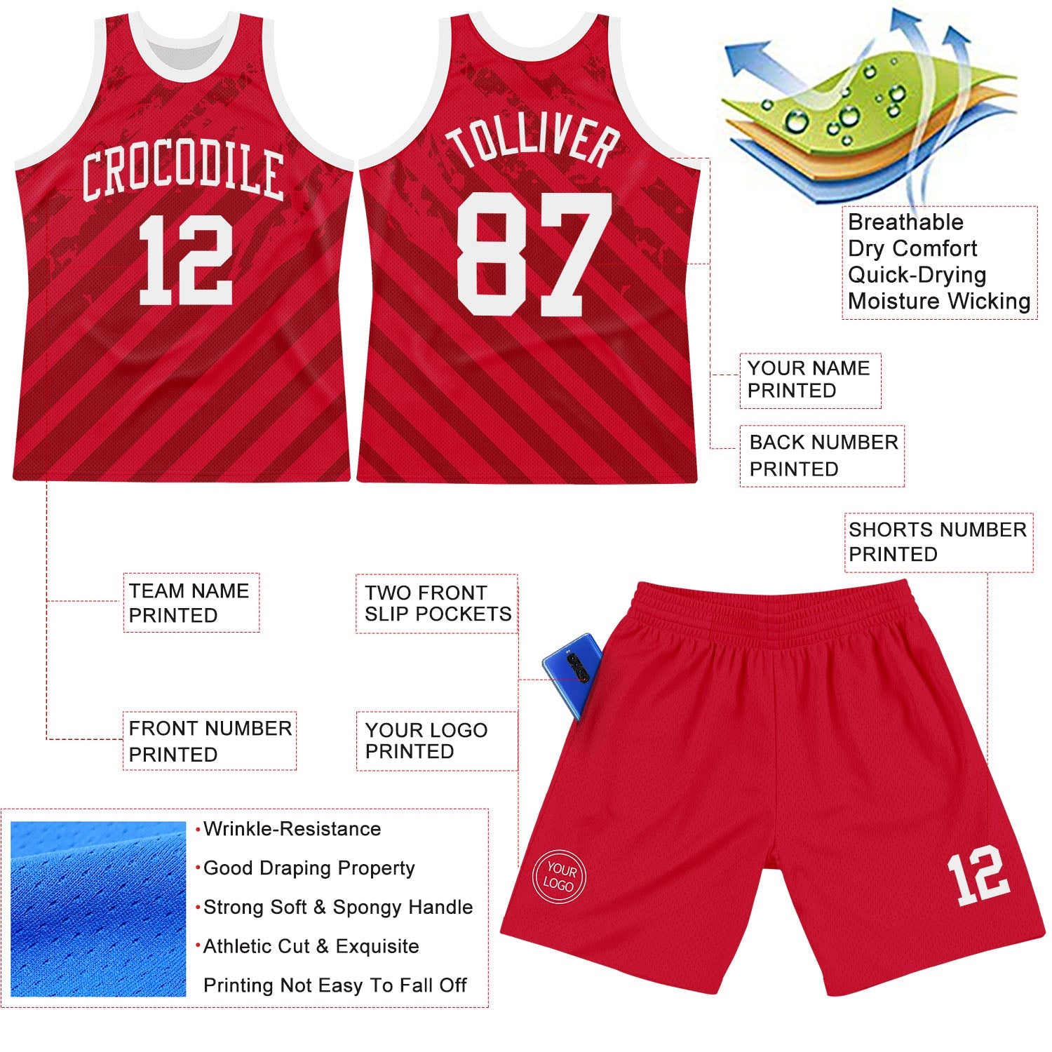 Custom Red White Line Round Neck Sublimation Basketball Suit Jersey