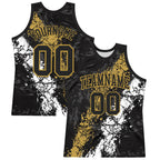 Custom Black Old Gold-White Splash Round Neck Sublimation Basketball Suit Jersey