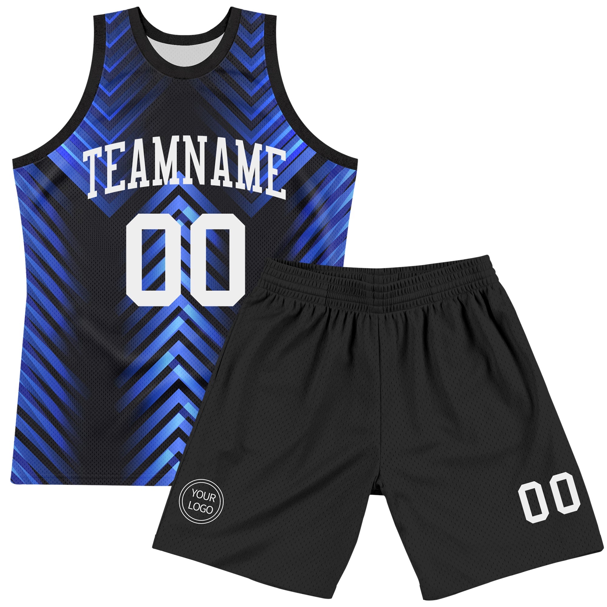 Custom Black White-Royal Arrow Shape Round Neck Sublimation Basketball Suit Jersey