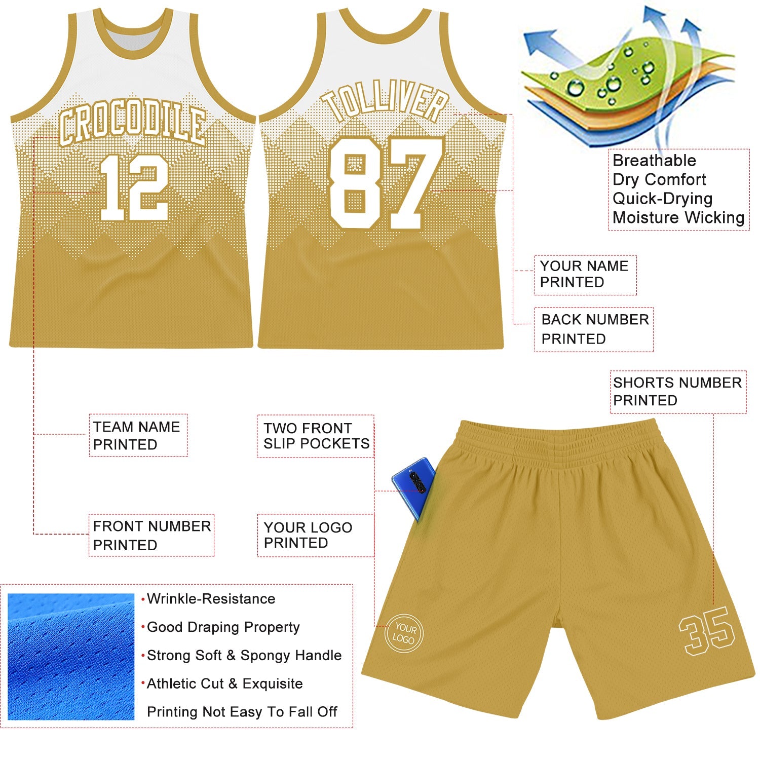 Custom White Old Gold Gradient Square Shapes Round Neck Sublimation Basketball Suit Jersey