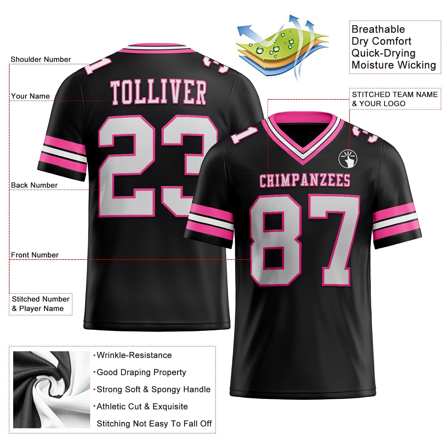 Custom Black White-Pink Authentic Football Jersey