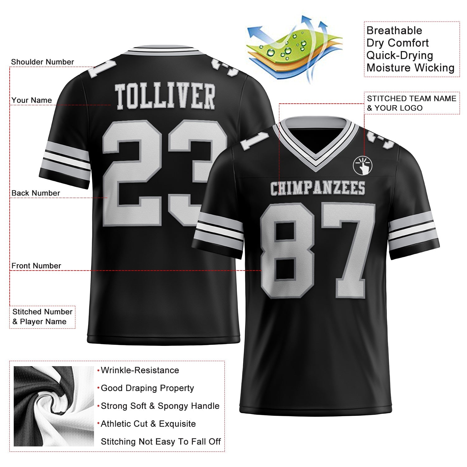 Custom Black White-Gray Authentic Football Jersey