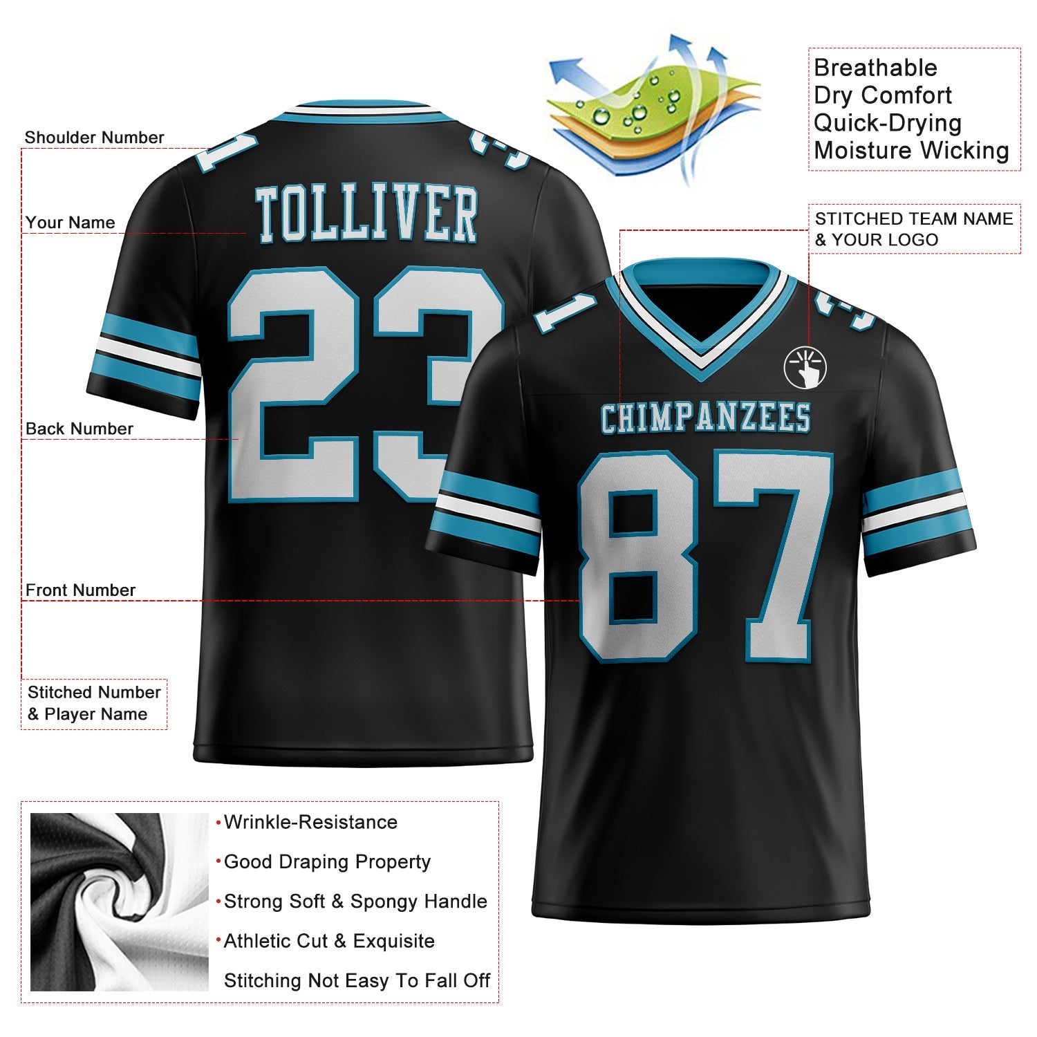 Custom Black White-Panther Blue Authentic Football Jersey