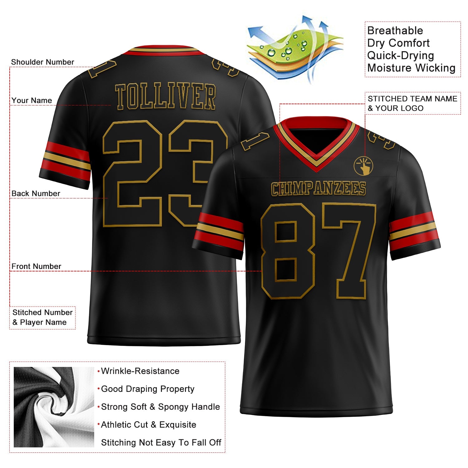 Custom Black Old Gold-Red Authentic Football Jersey