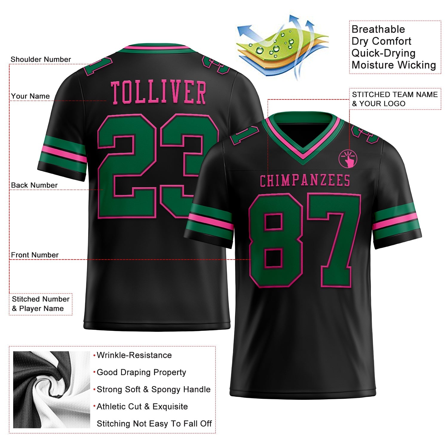 Custom Black Kelly Green-Pink Authentic Football Jersey
