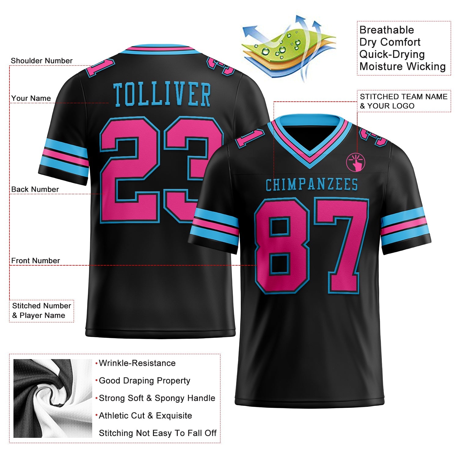 Custom Black Pink-Sky Blue Authentic Football Jersey