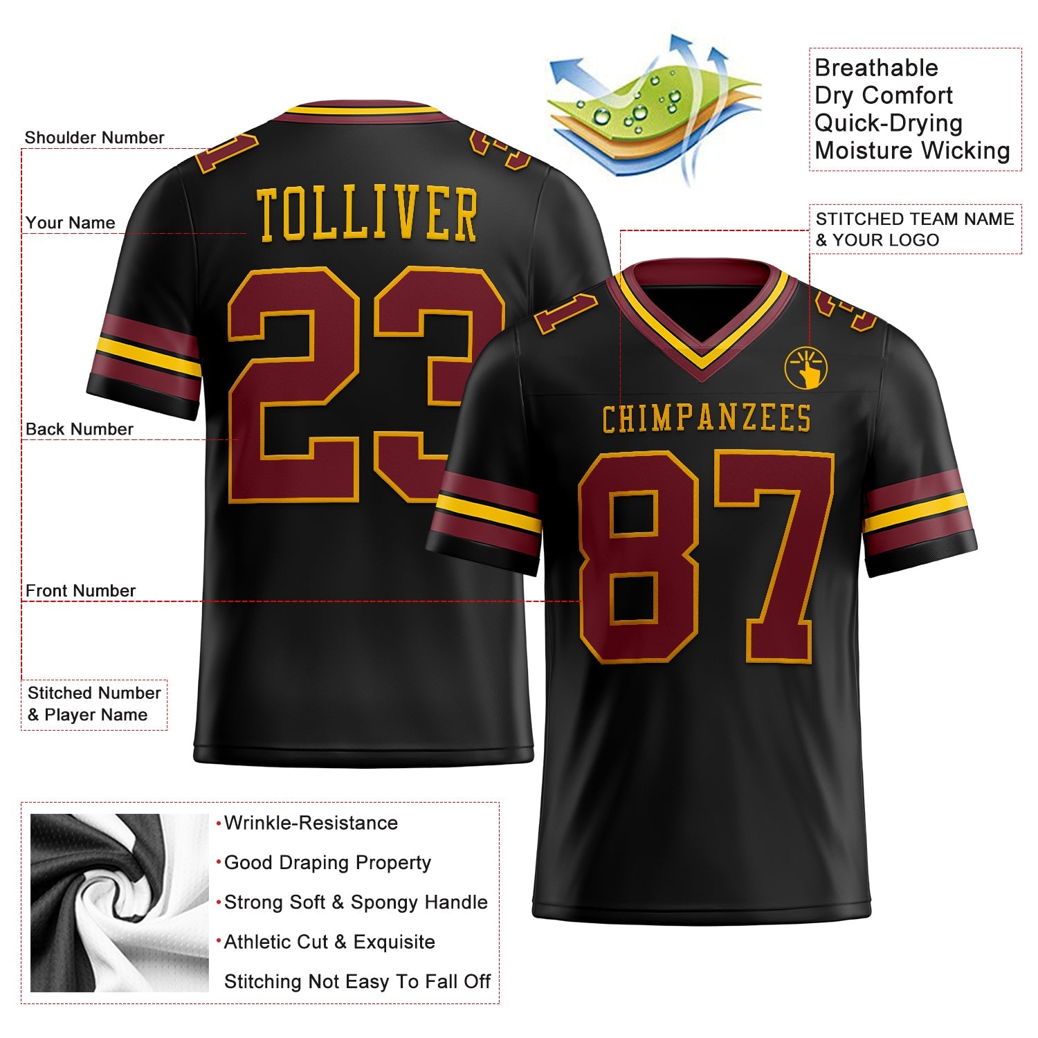 Custom Black Burgundy-Gold Authentic Football Jersey