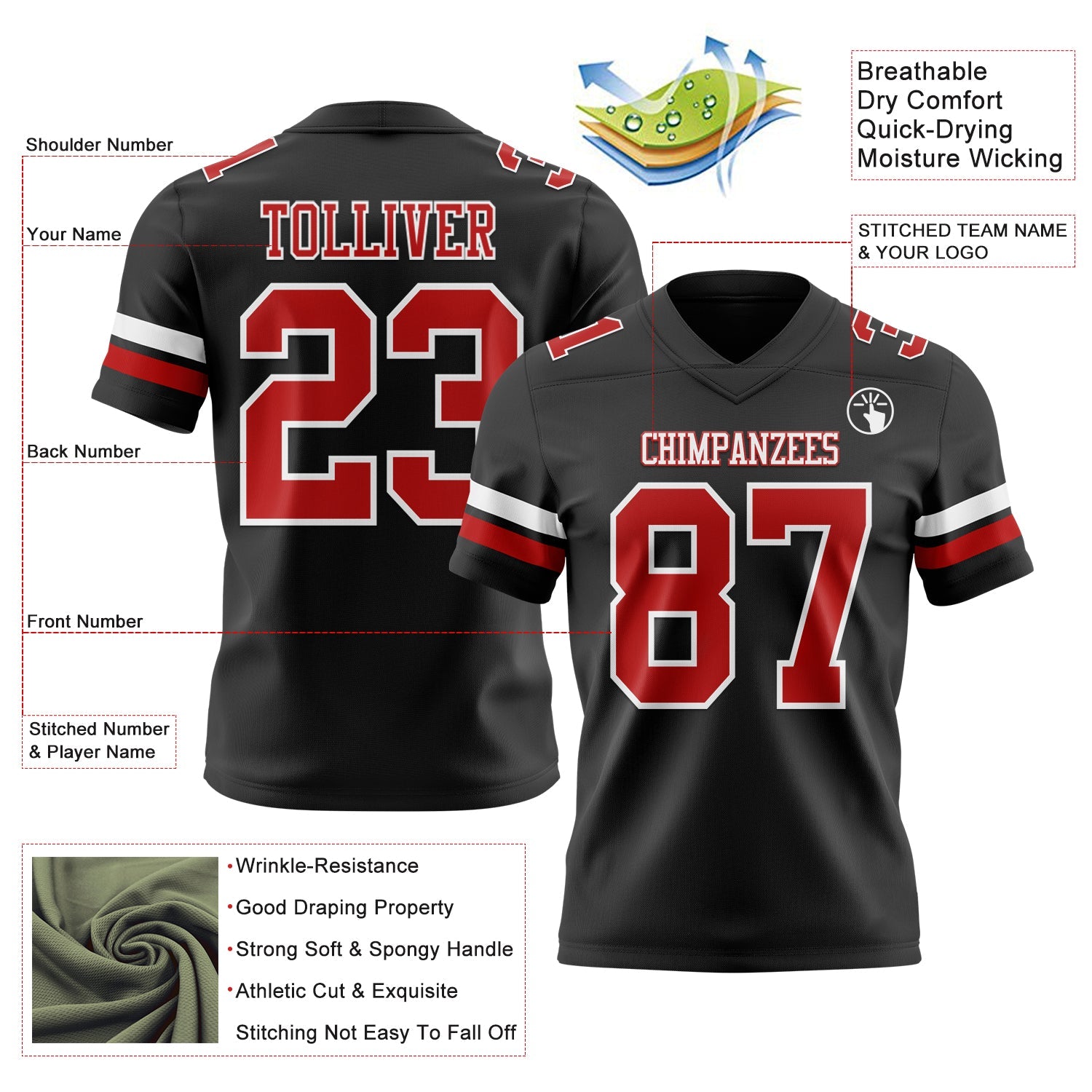 Custom Black Red-White Authentic Football Jersey