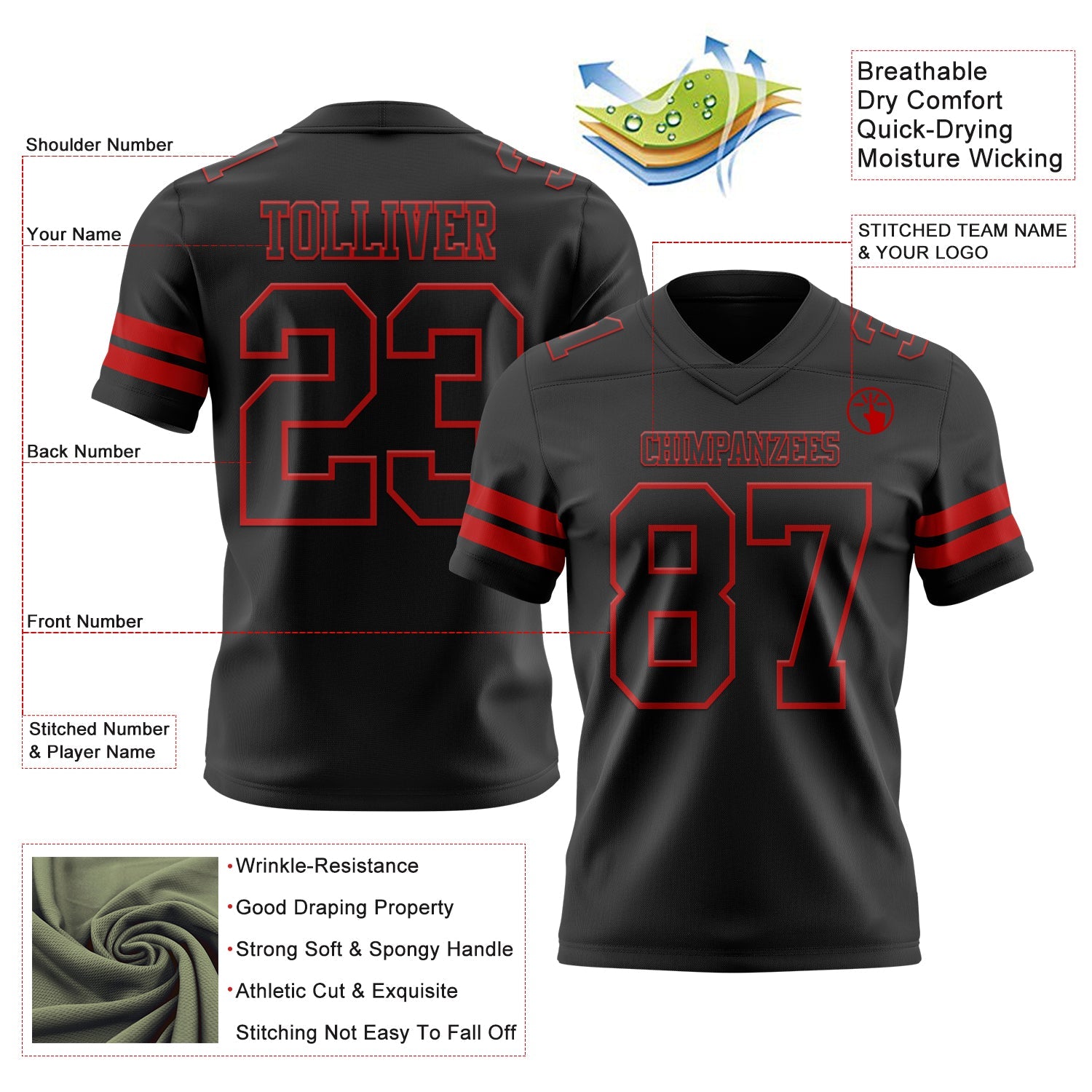 Custom Black Red Authentic Football Jersey