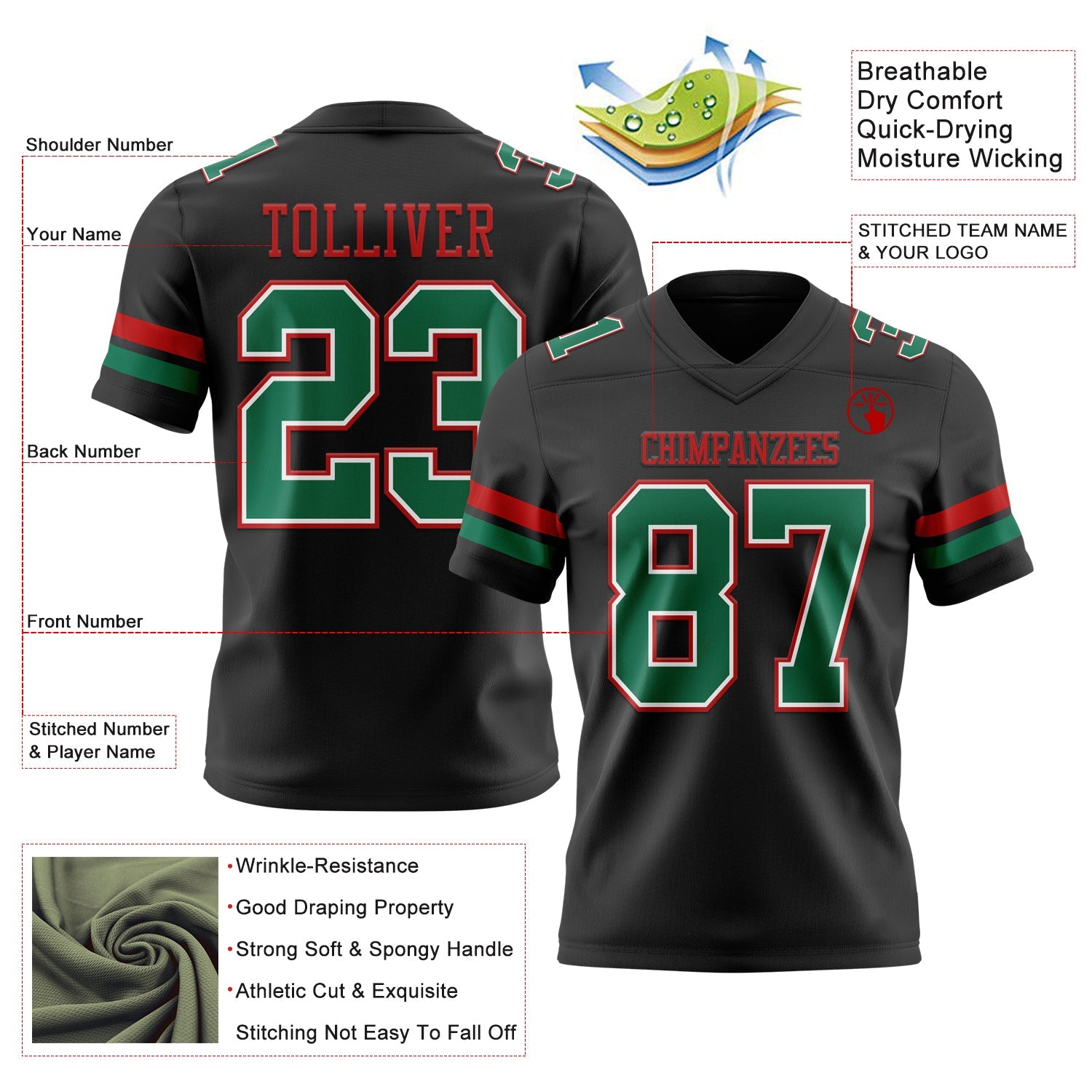 Custom Black Kelly Green White-Red Authentic Football Jersey