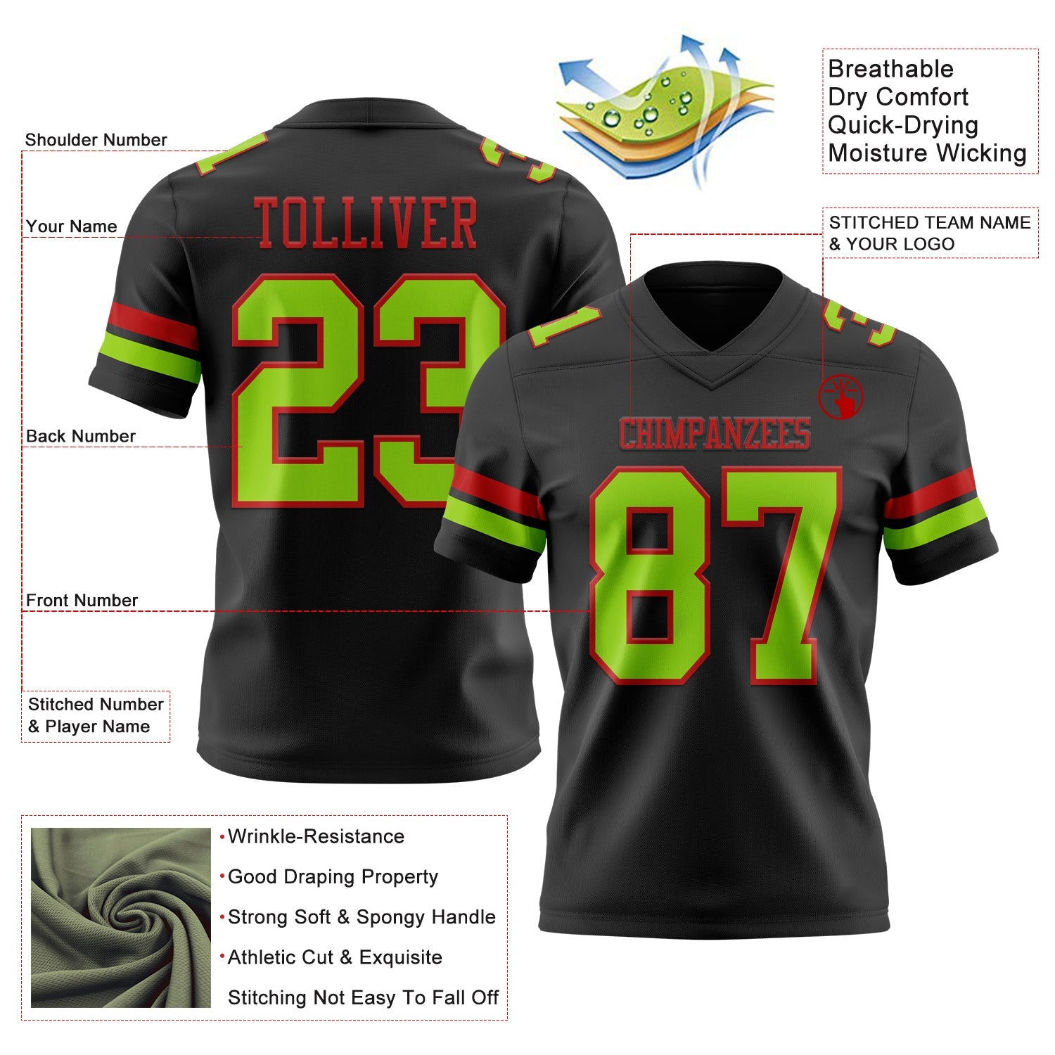 Custom Black Neon Green-Red Authentic Football Jersey