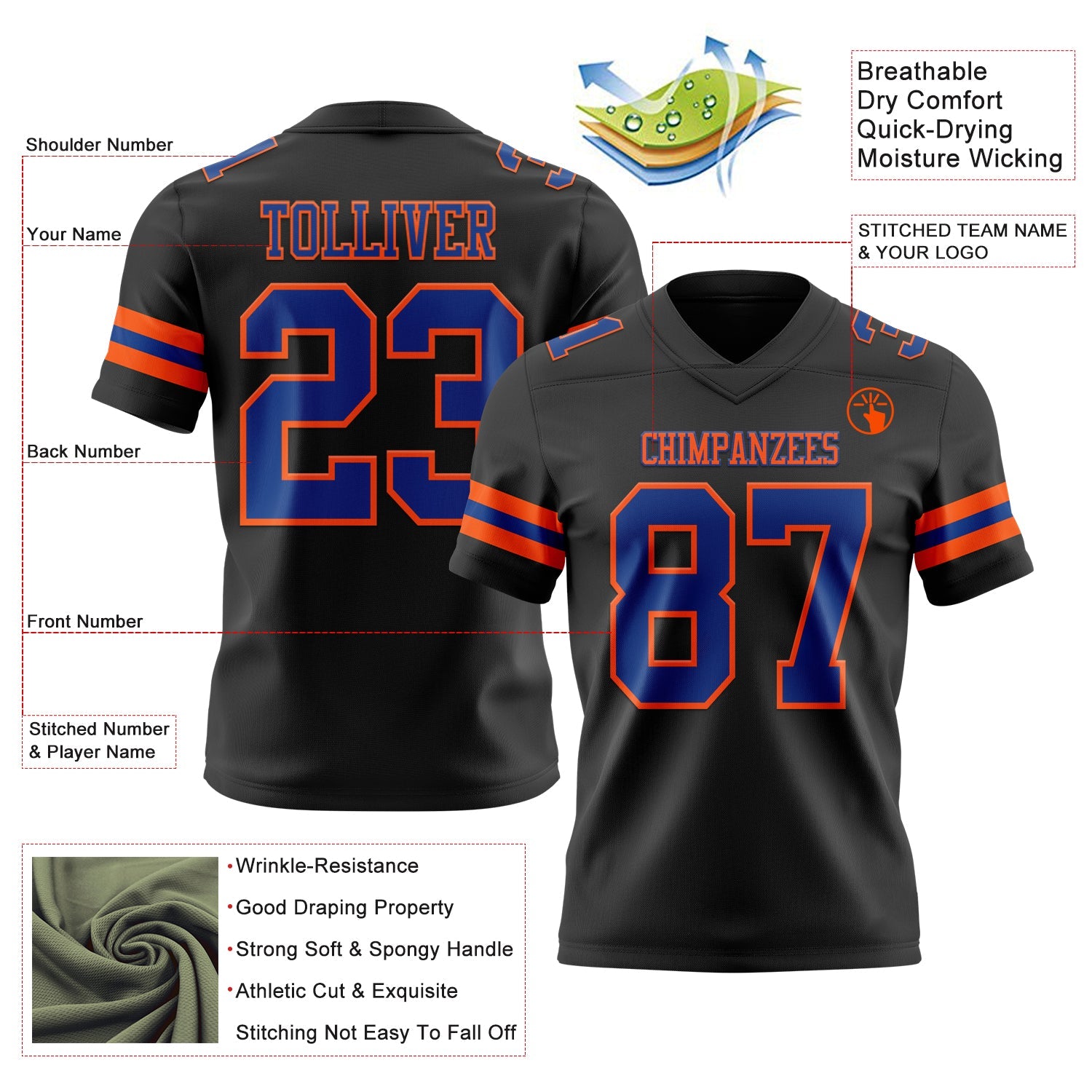 Custom Black Royal-Orange Authentic Football Jersey