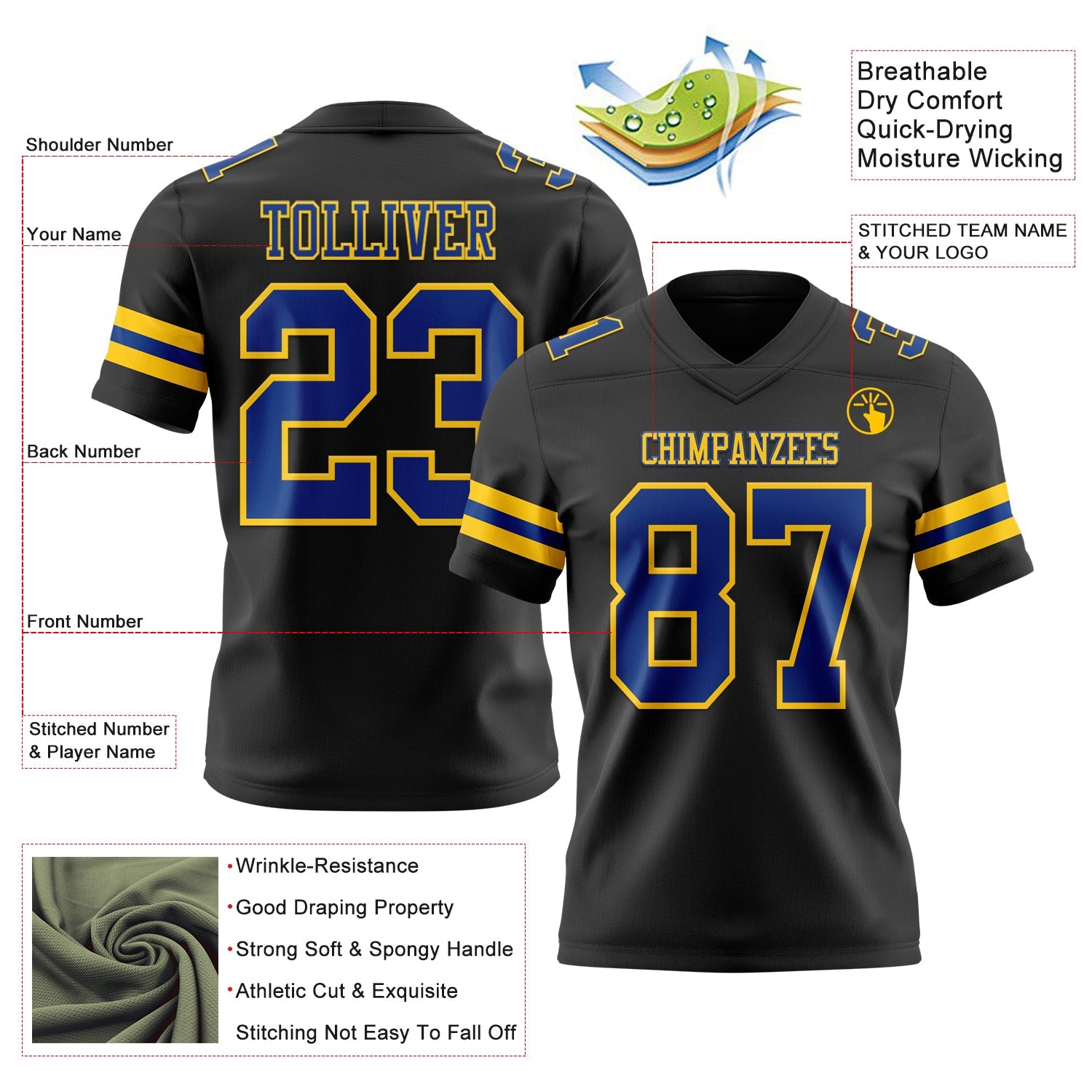 Custom Black Royal-Yellow Authentic Football Jersey