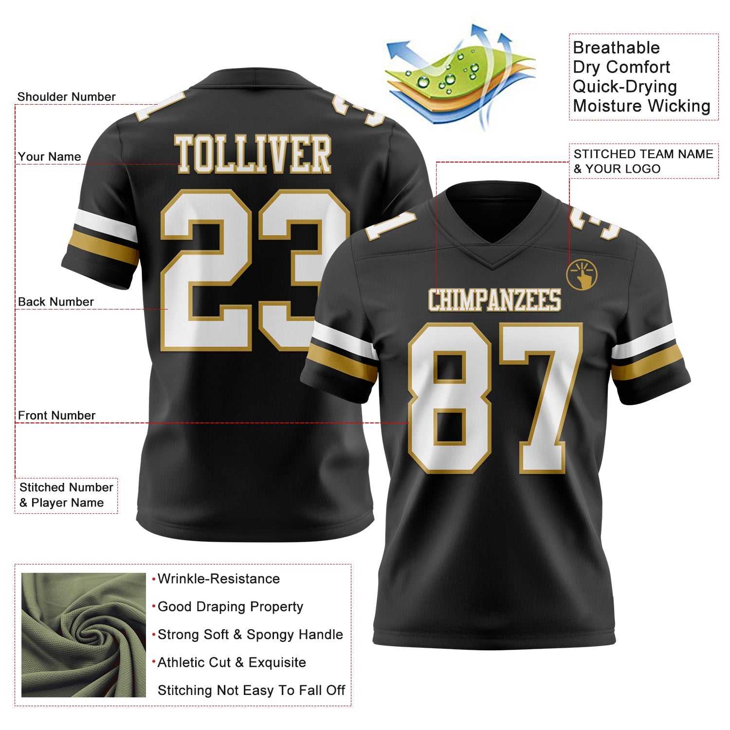 Custom Black White-Old Gold Authentic Football Jersey