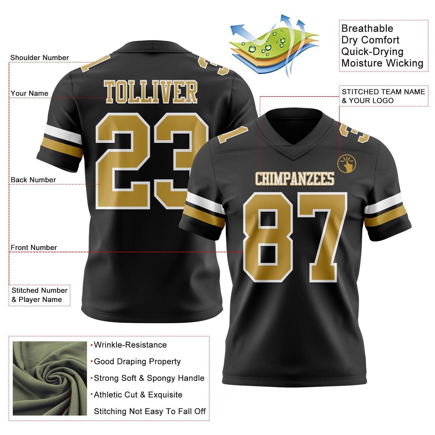 Custom Black Old Gold-White Authentic Football Jersey
