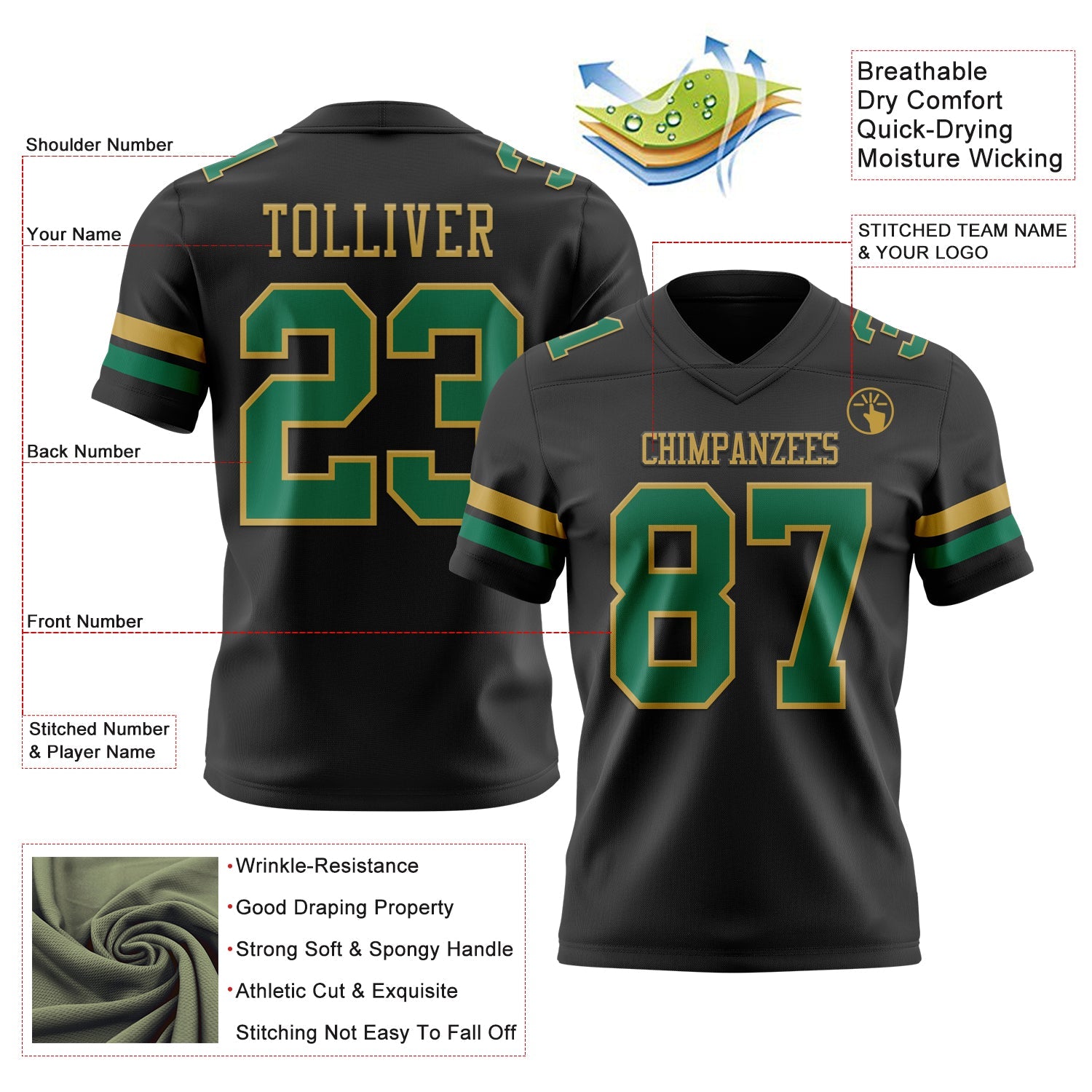Custom Black Kelly Green-Old Gold Authentic Football Jersey