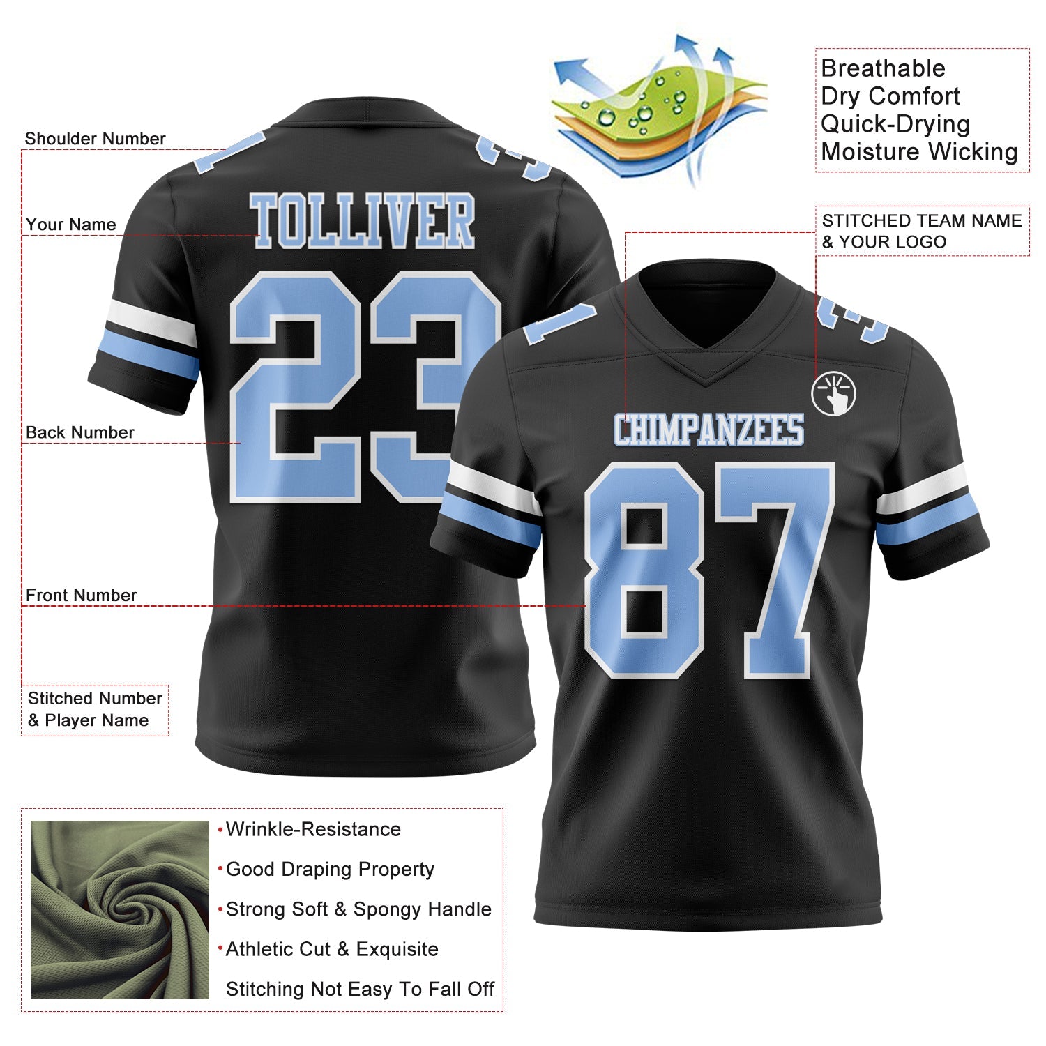 Custom Black Light Blue-White Authentic Football Jersey