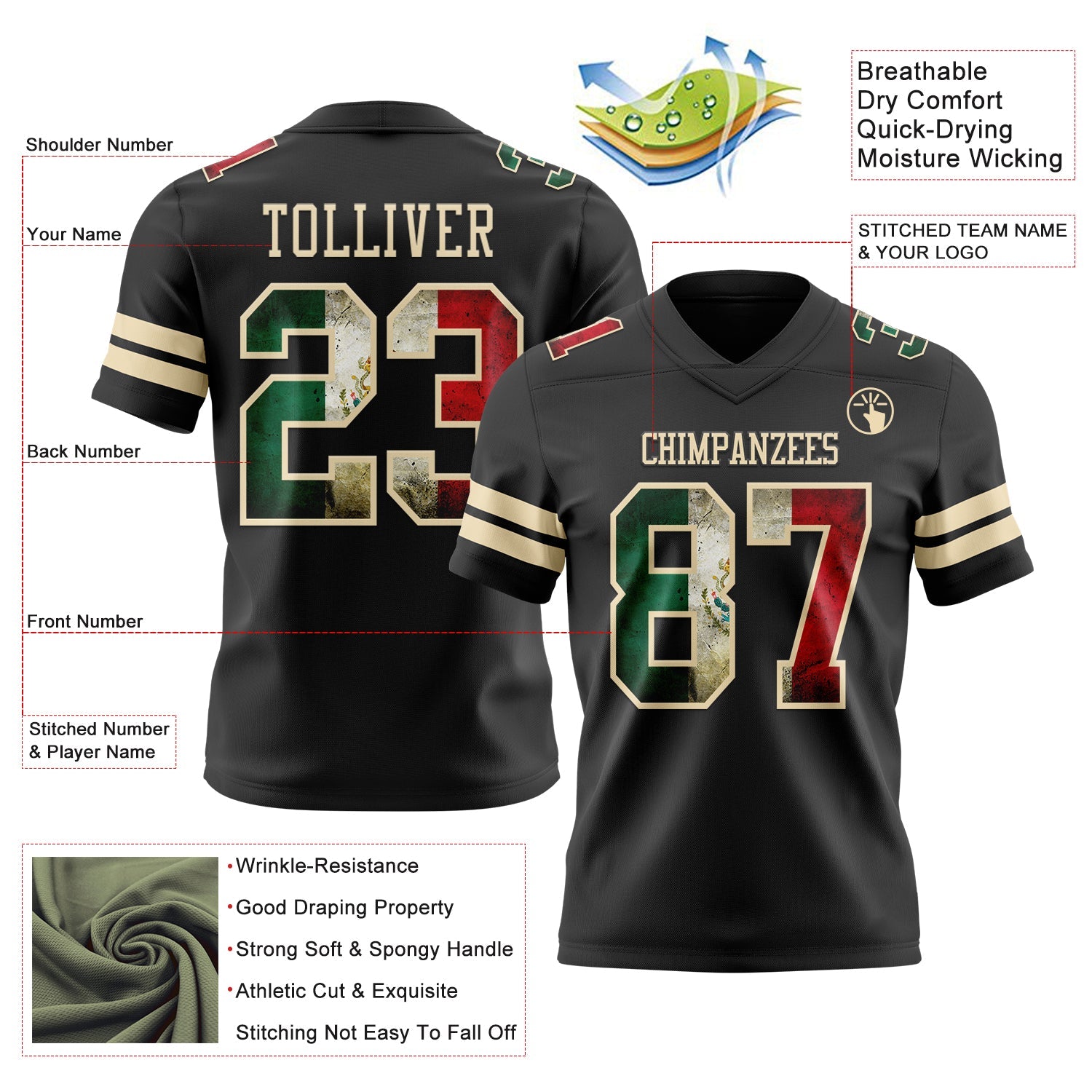 Custom Black Vintage Mexican Flag-Cream Authentic Football Jersey