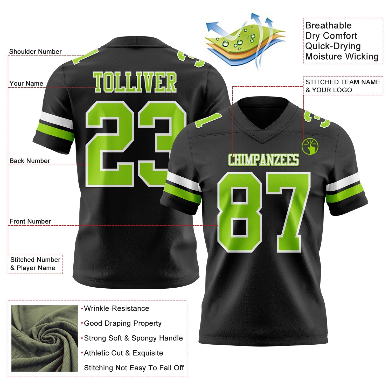 Custom Black Neon Green-White Authentic Football Jersey