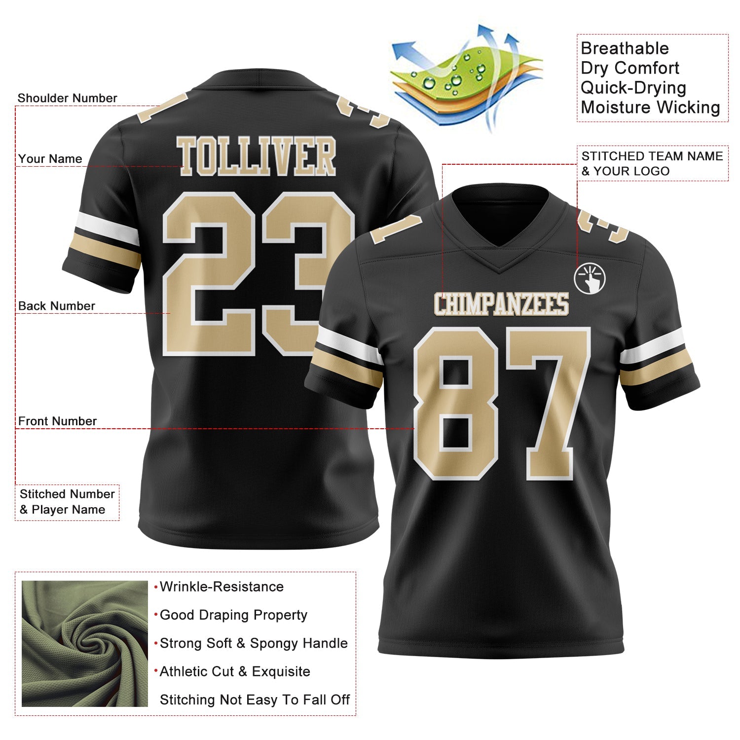 Custom Black Vegas Gold-White Authentic Football Jersey