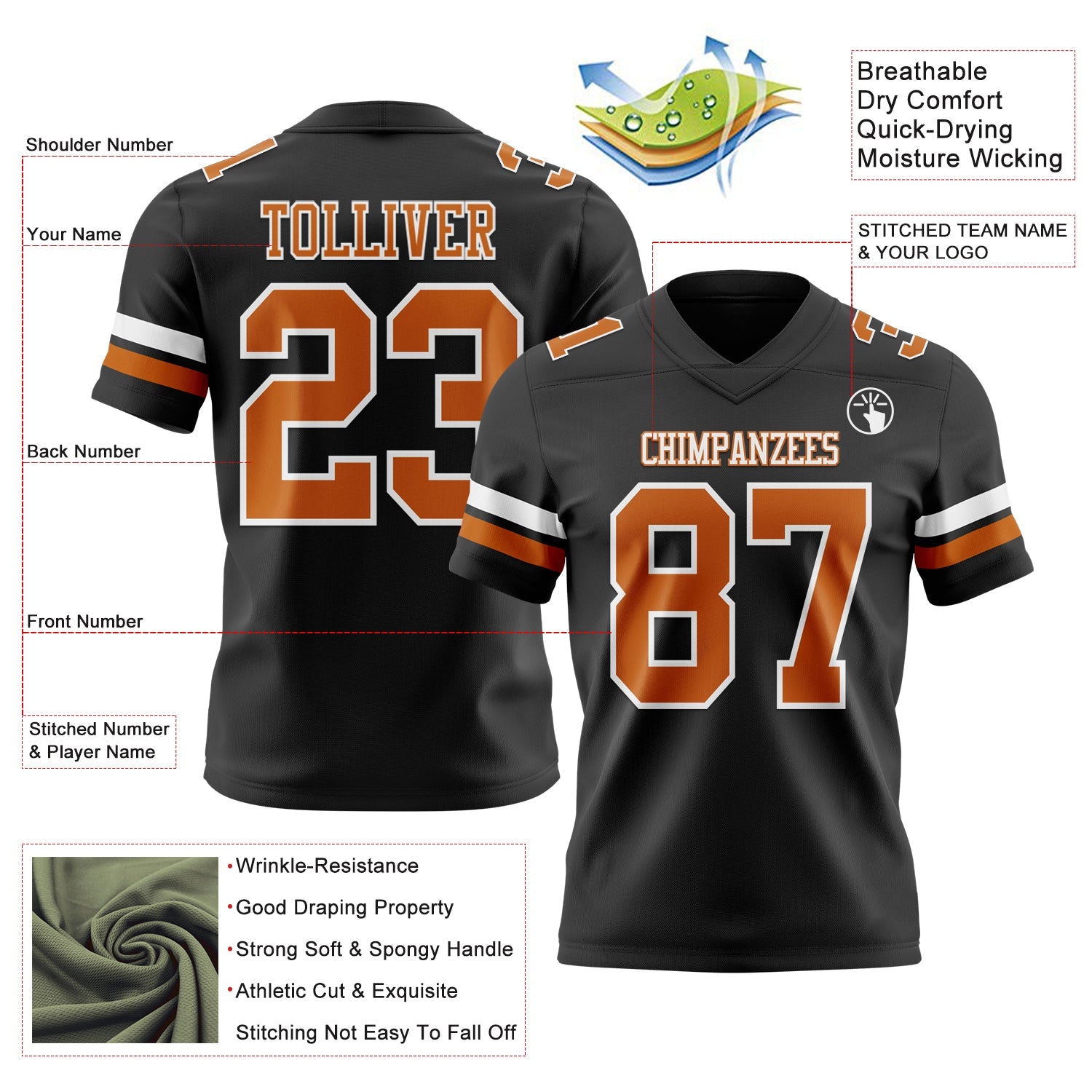 Custom Black Texas Orange-White Authentic Football Jersey