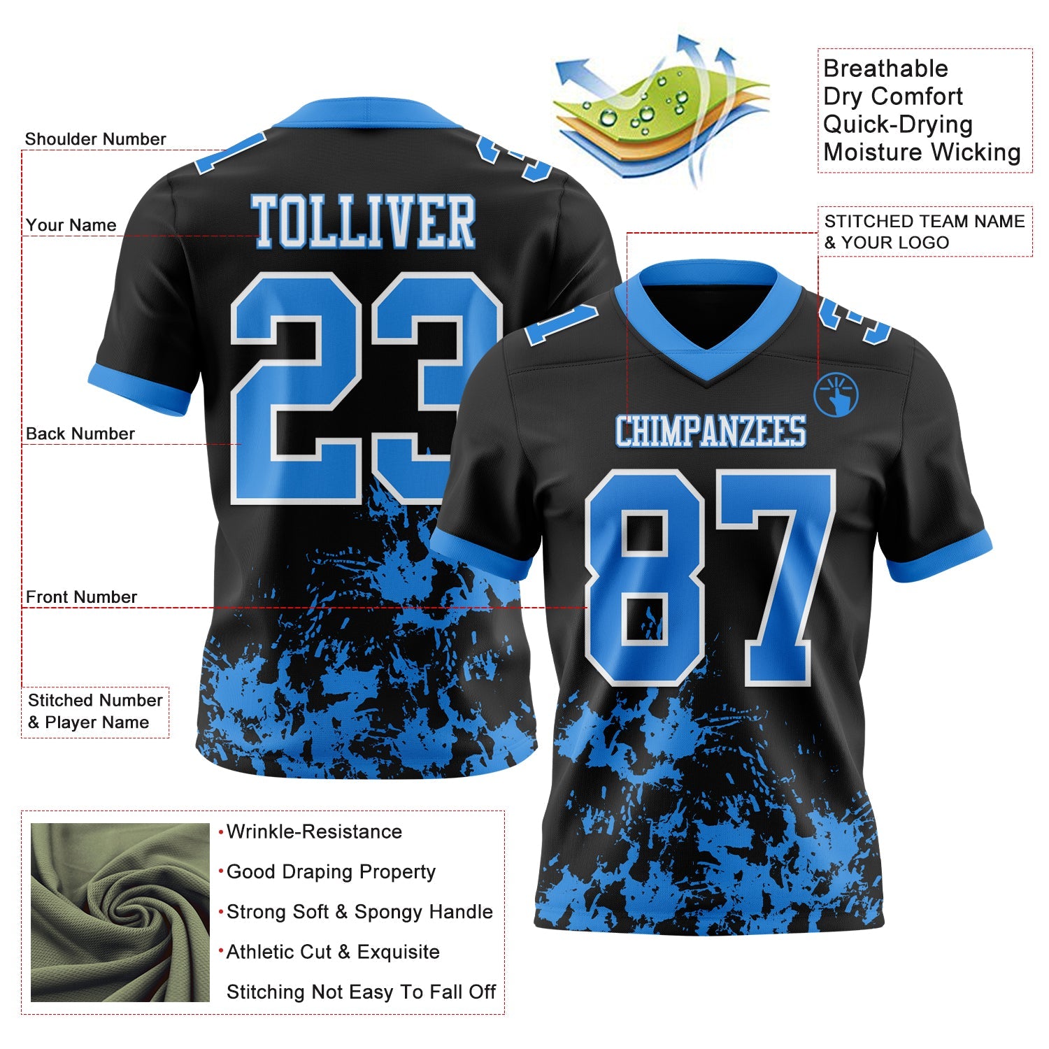Custom Black Powder Blue-White 3D Pattern Splash Authentic Football Jersey