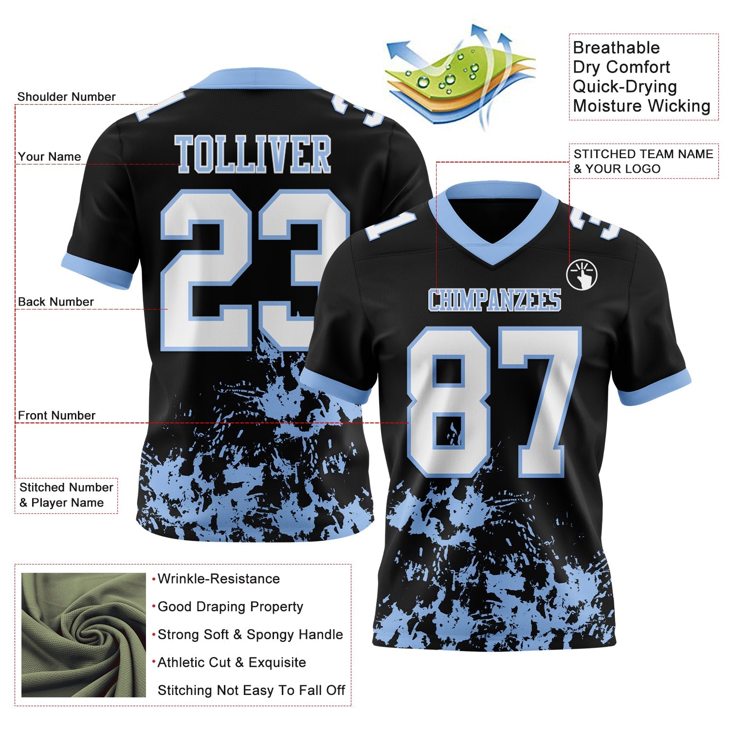 Custom Black White-Light Blue 3D Pattern Splash Authentic Football Jersey