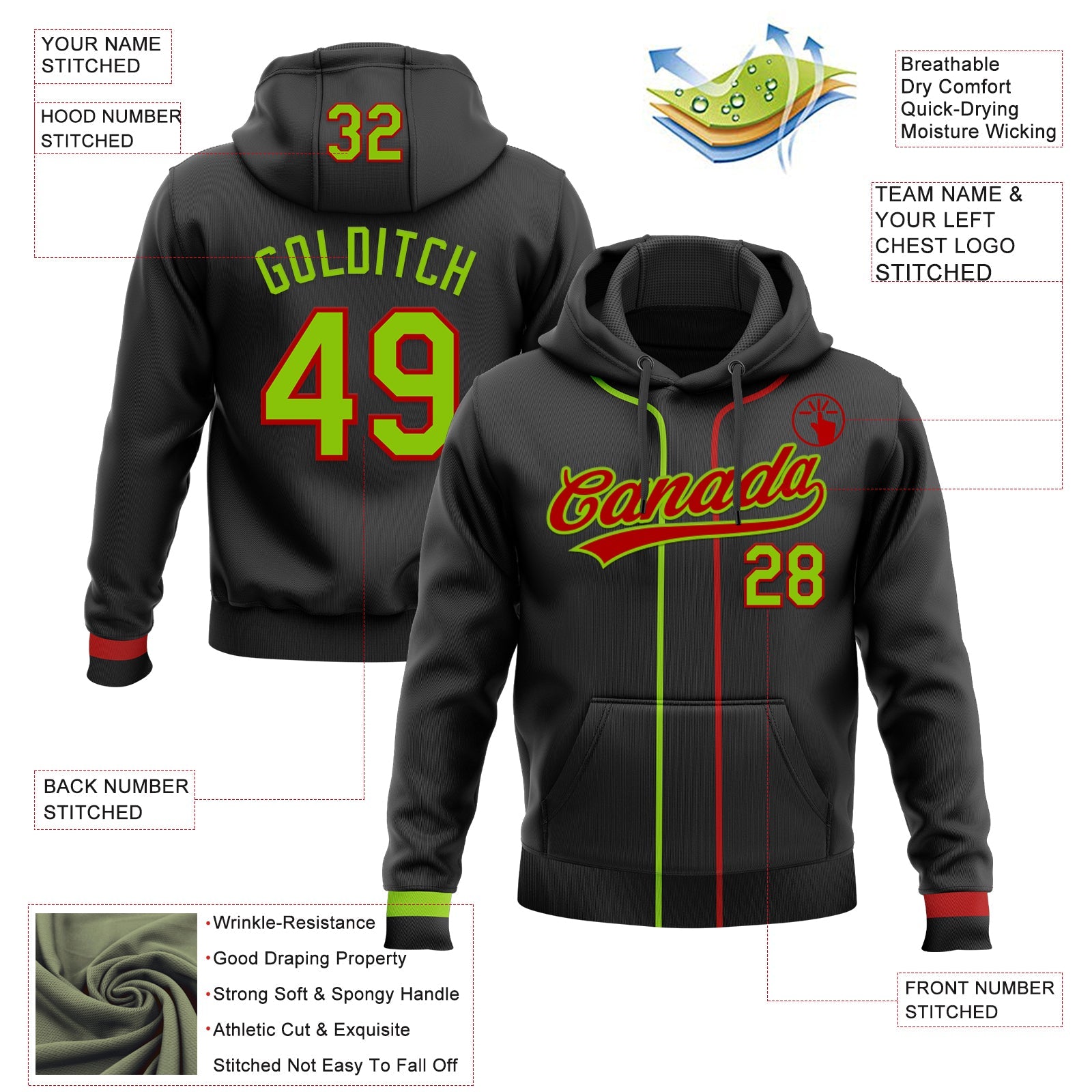 Custom Stitched Black Neon Green-Red Baseball Pullover Sweatshirt Hoodie