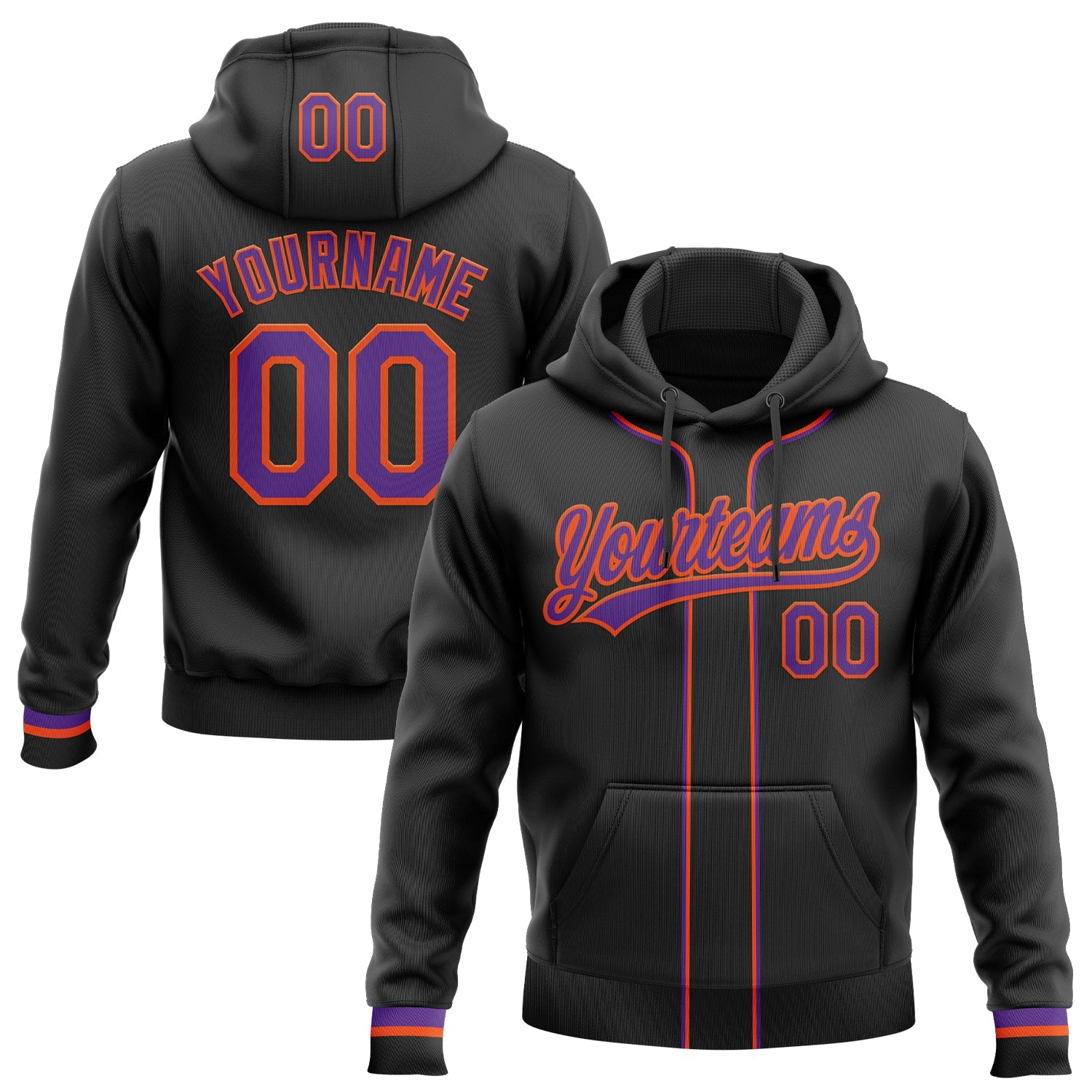 Custom Stitched Black Purple-Orange Baseball Pullover Sweatshirt Hoodie