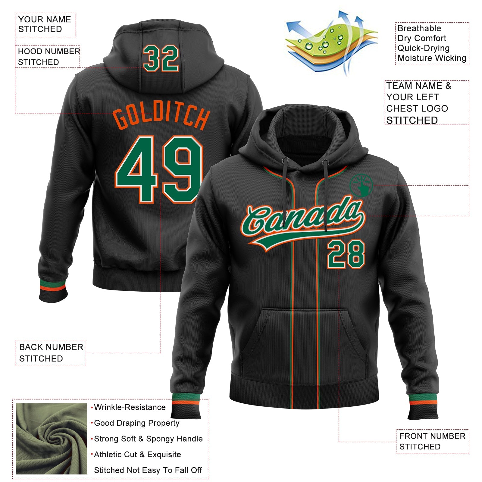 Custom Stitched Black Kelly Green Orange-White Baseball Pullover Sweatshirt Hoodie