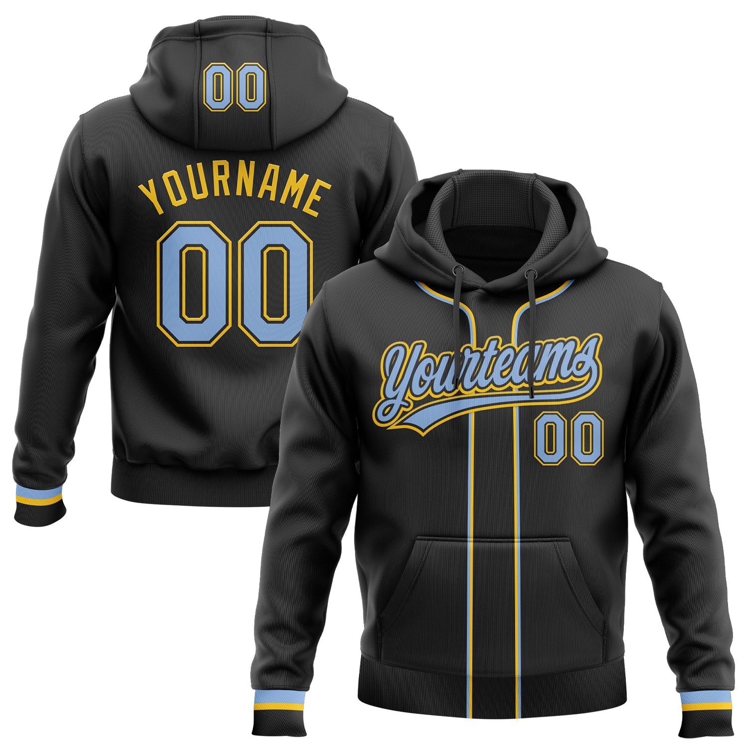 Custom Stitched Black Light Blue-Yellow Baseball Pullover Sweatshirt Hoodie