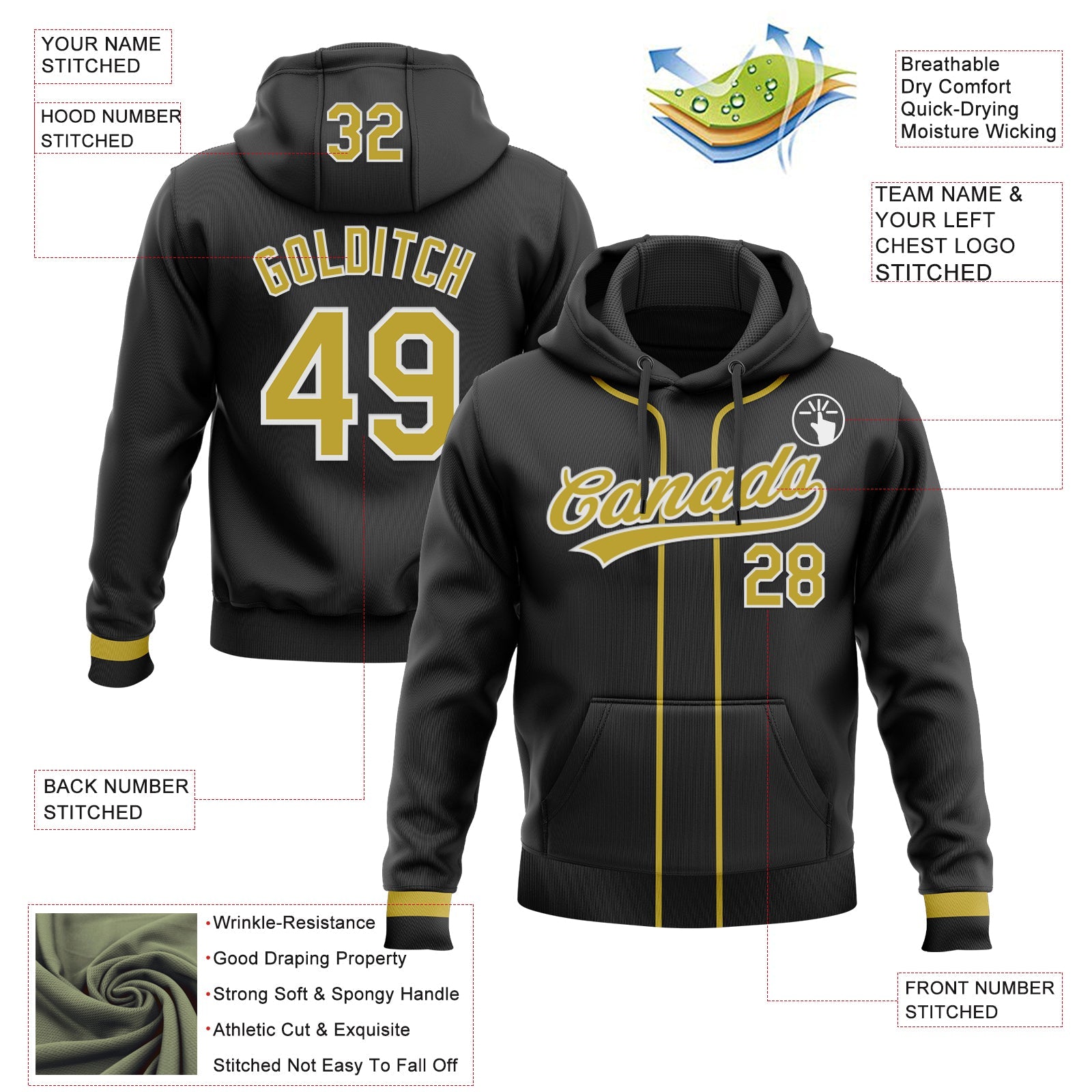 Custom Stitched Black Old Gold-White Baseball Pullover Sweatshirt Hoodie