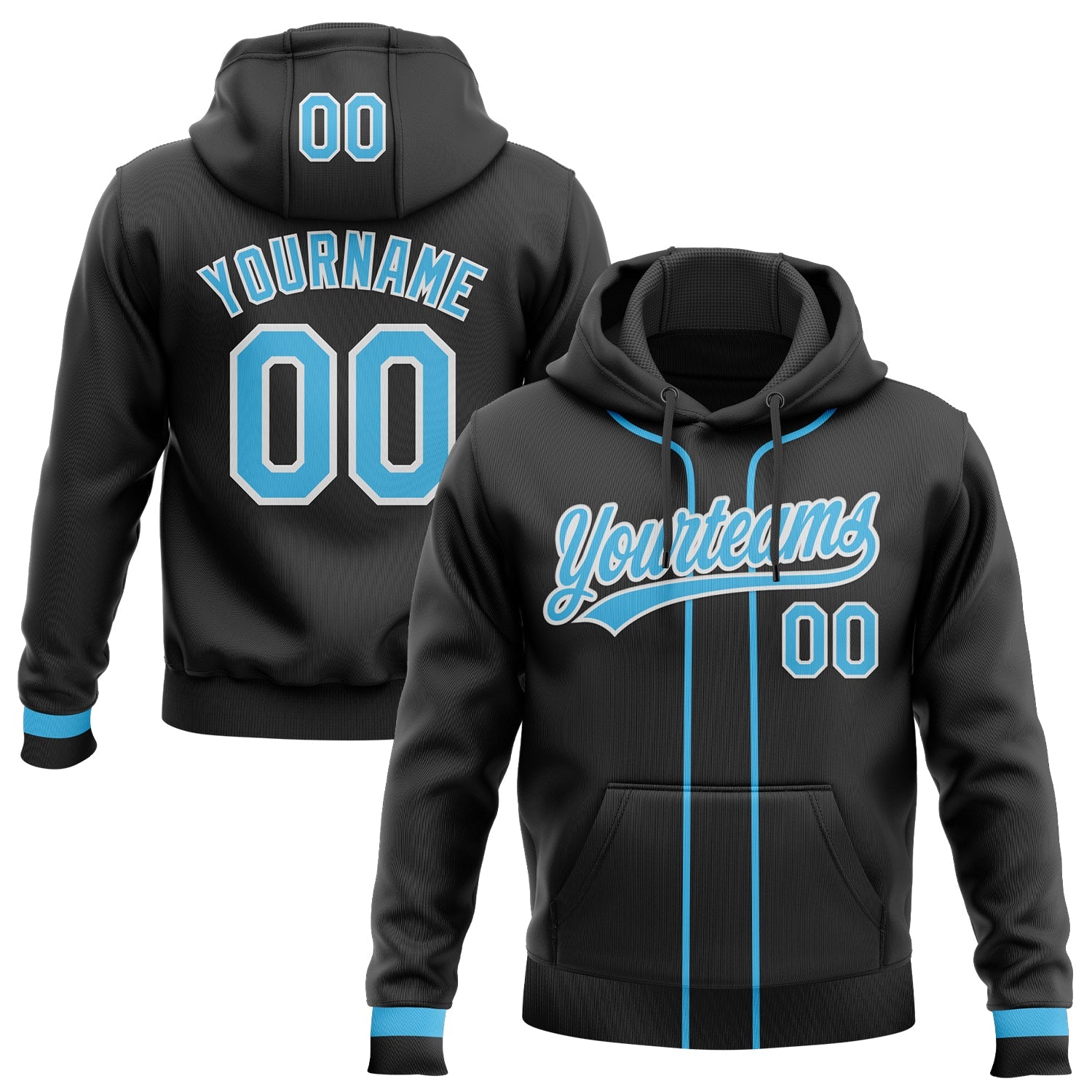Custom Stitched Black Sky Blue-White Baseball Pullover Sweatshirt Hoodie