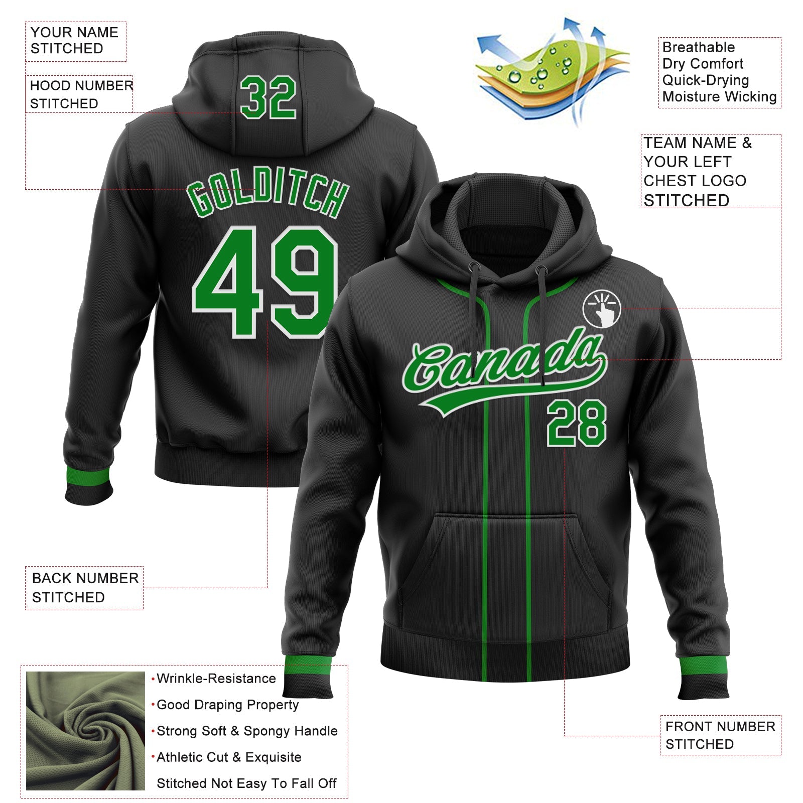 Custom Stitched Black Grass Green-White Baseball Pullover Sweatshirt Hoodie