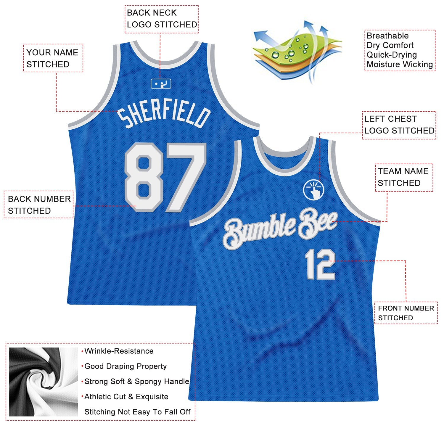 Custom Blue White-Gray Authentic Throwback Basketball Jersey