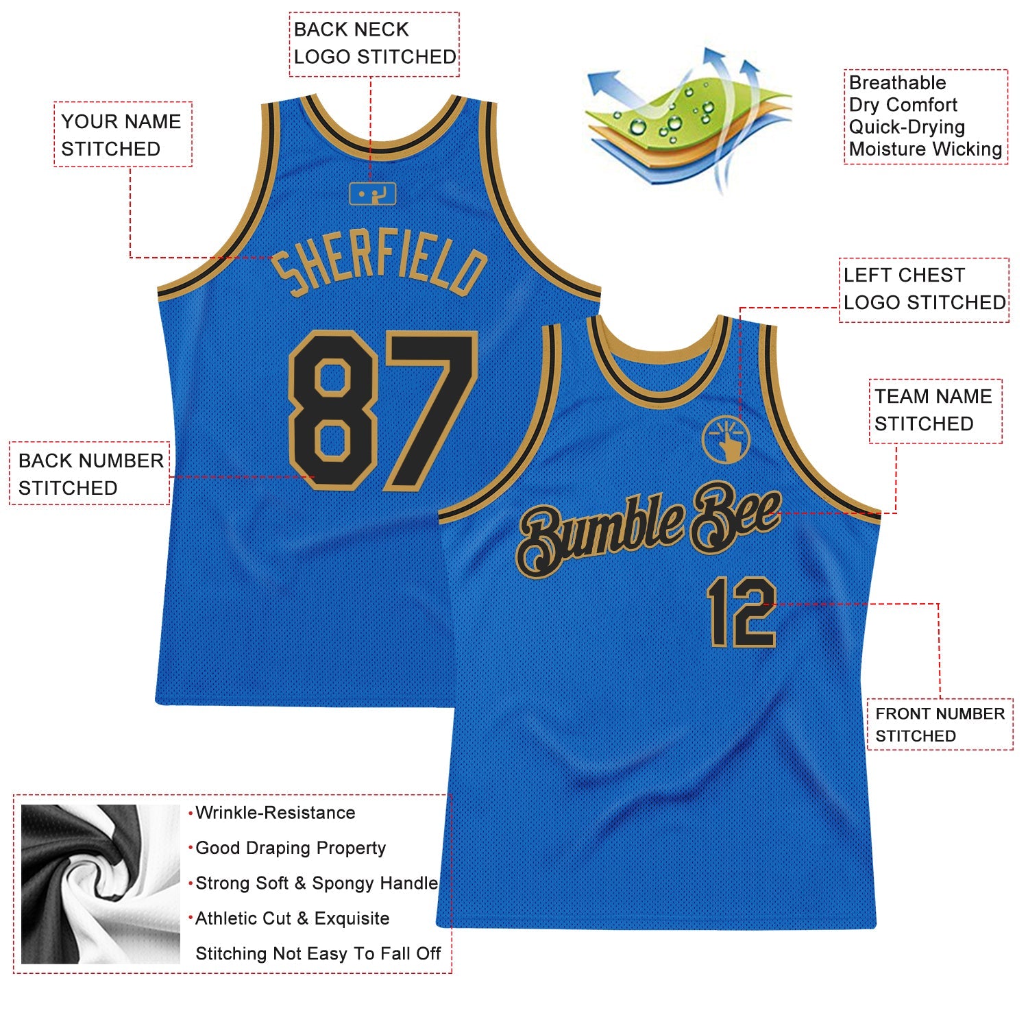 Custom Blue Black-Old Gold Authentic Throwback Basketball Jersey