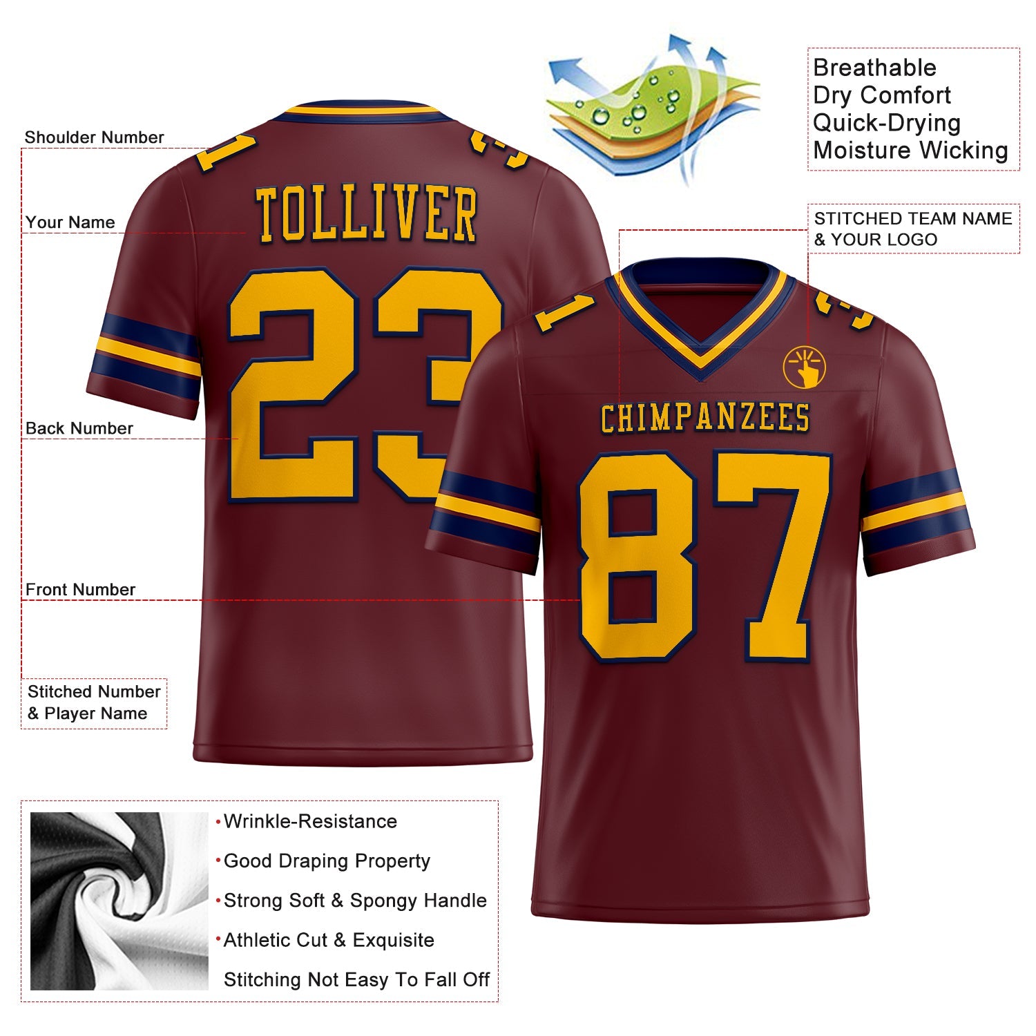 Custom Burgundy Gold-Navy Authentic Football Jersey