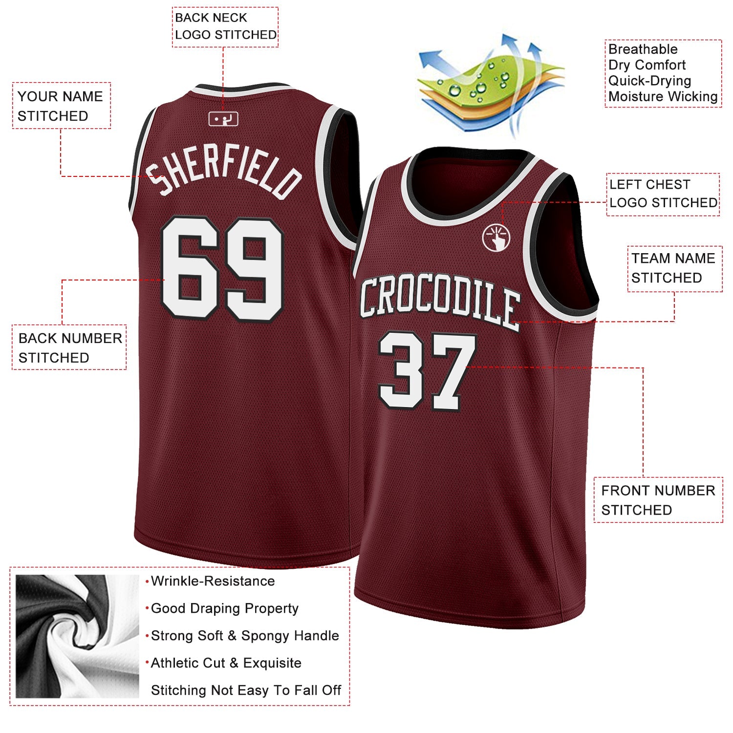 Custom Burgundy White-Black Authentic Basketball Jersey
