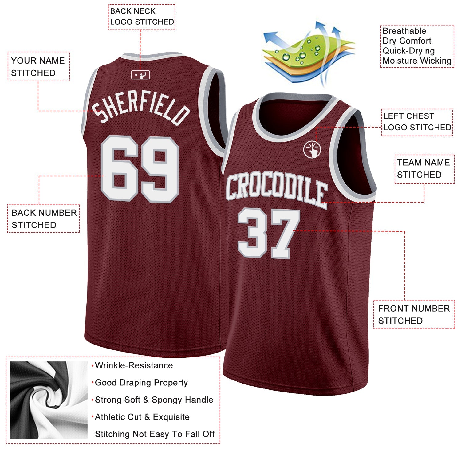 Custom Burgundy White-Gray Authentic Basketball Jersey