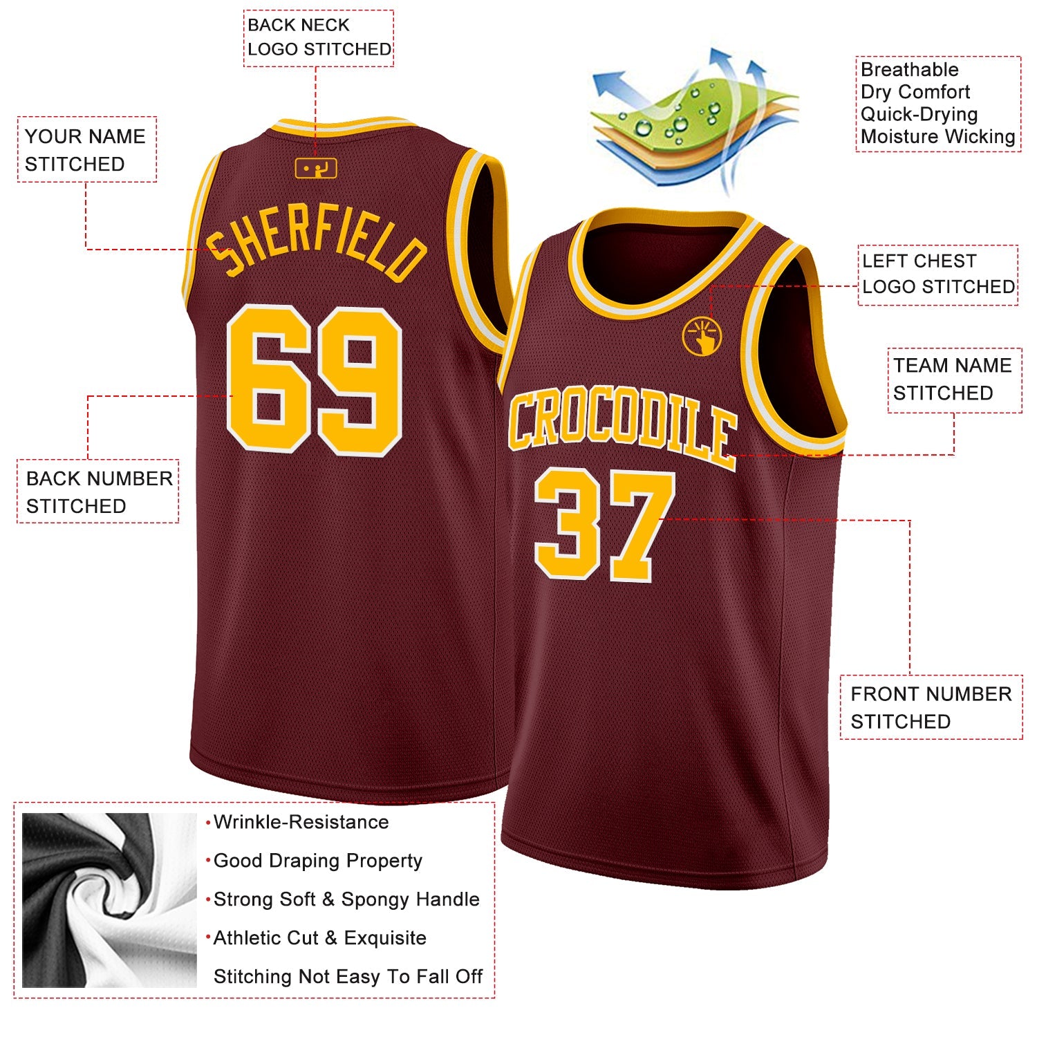 Custom Burgundy Gold-White Authentic Basketball Jersey