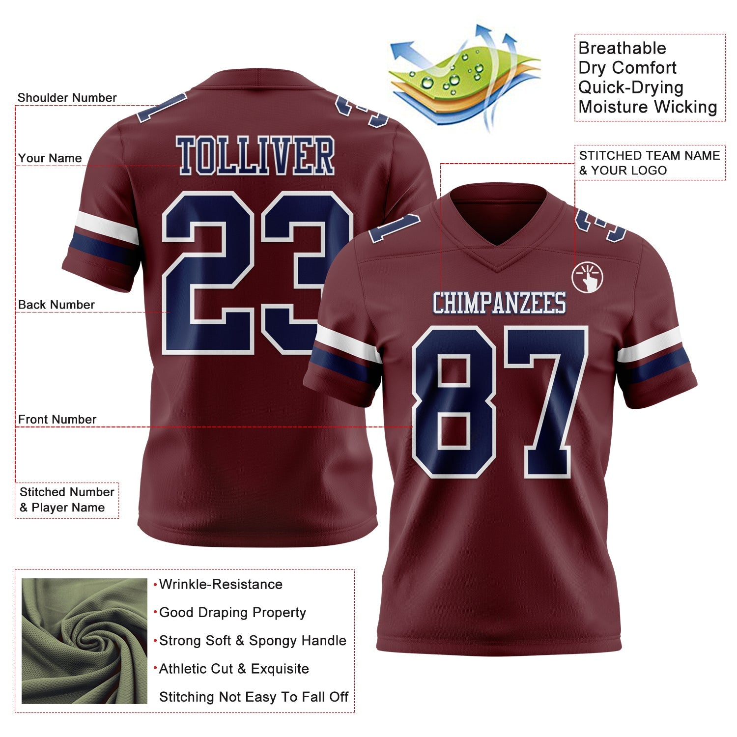 Custom Burgundy Navy-White Authentic Football Jersey