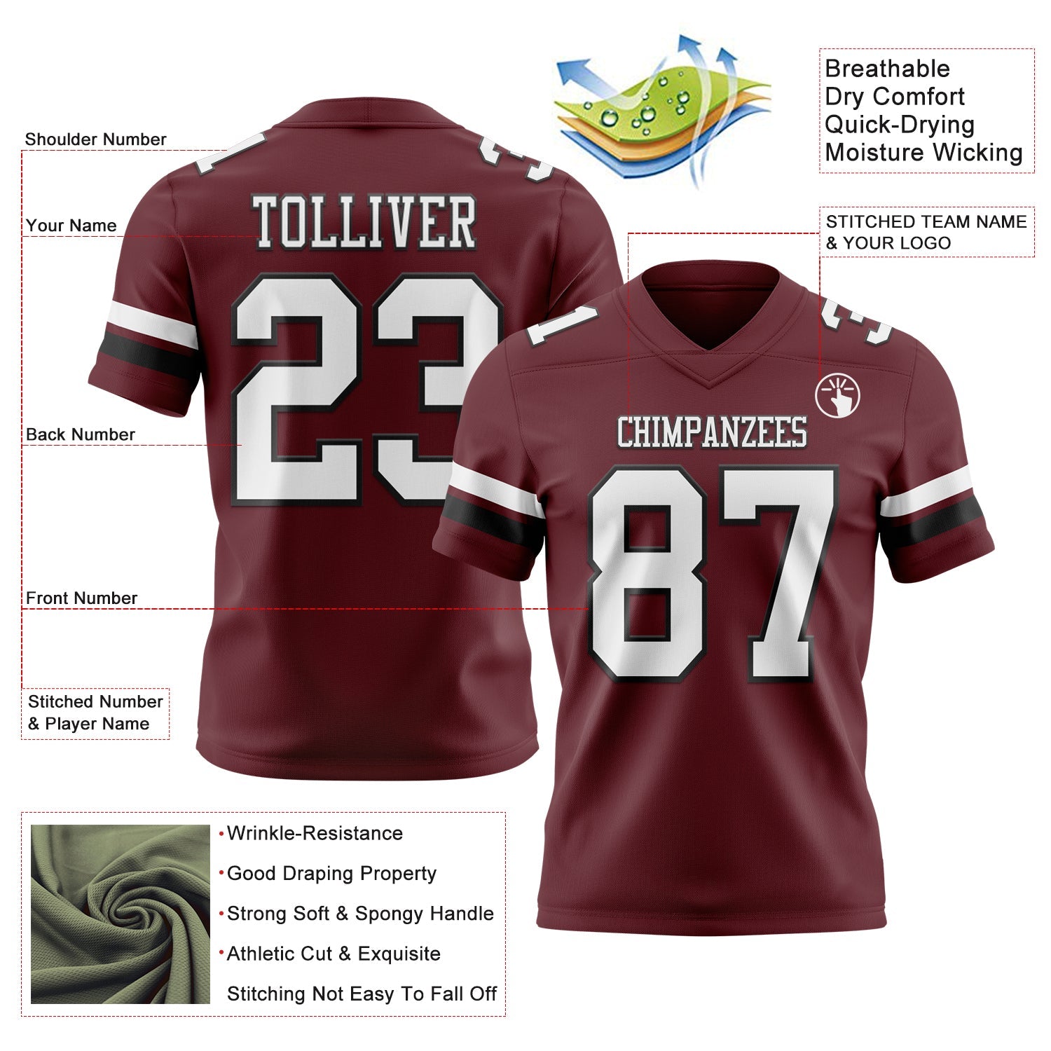 Custom Burgundy White-Black Authentic Football Jersey