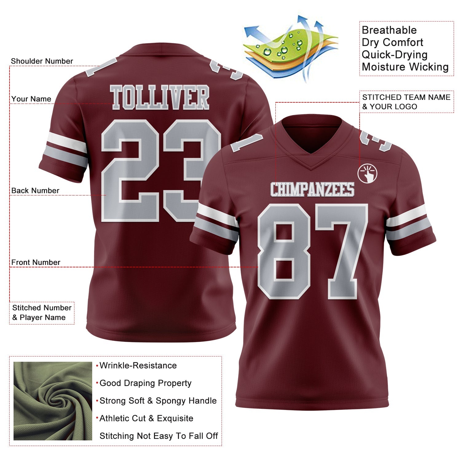 Custom Burgundy Gray-White Authentic Football Jersey