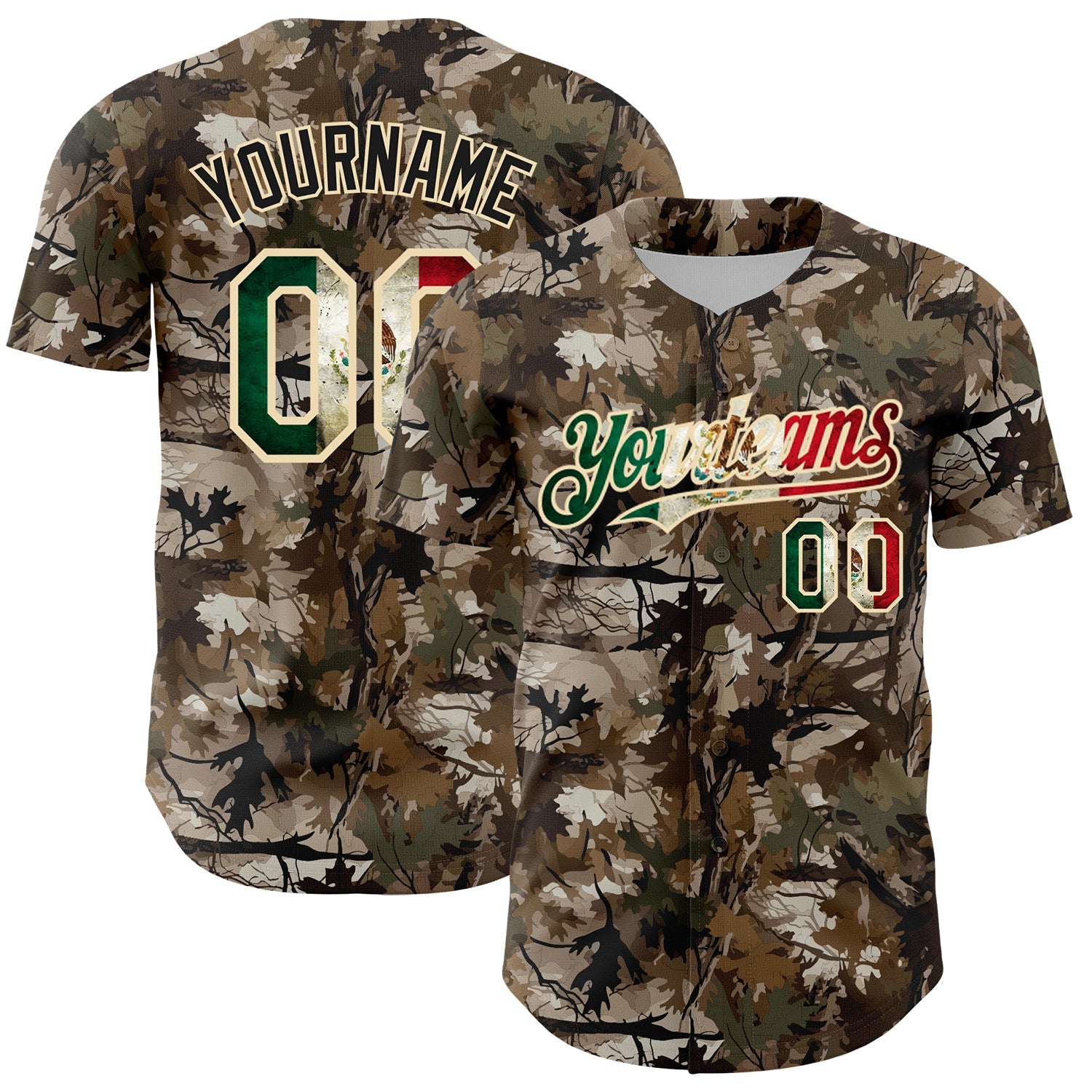 Custom Camo Vintage Mexican Flag-Cream 3D Woodland Camo Authentic Salute To Service Baseball Jersey