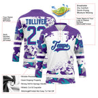 Custom Camo Purple Teal-White Splash Hockey Lace Neck Jersey
