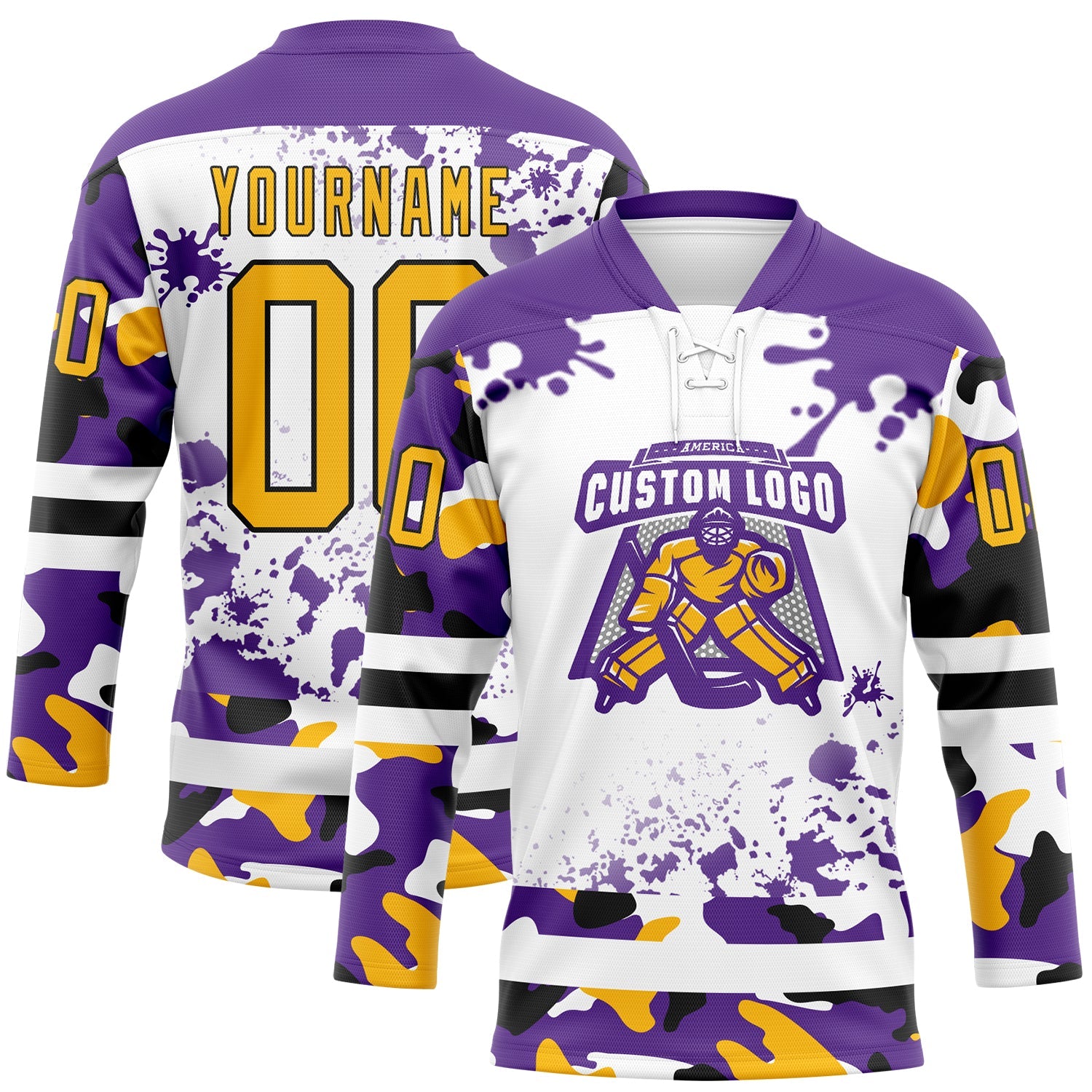 Custom Camo Gold Purple Black-White Splash Hockey Lace Neck Jersey