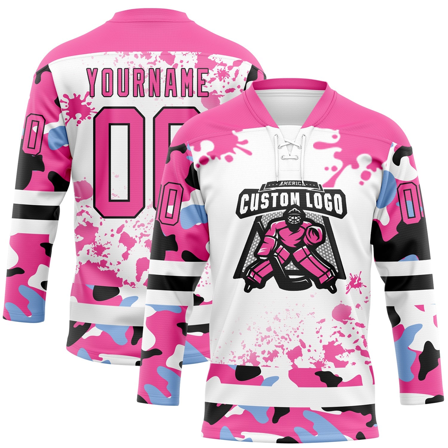 Custom Camo Pink Black-White Splash Hockey Lace Neck Jersey